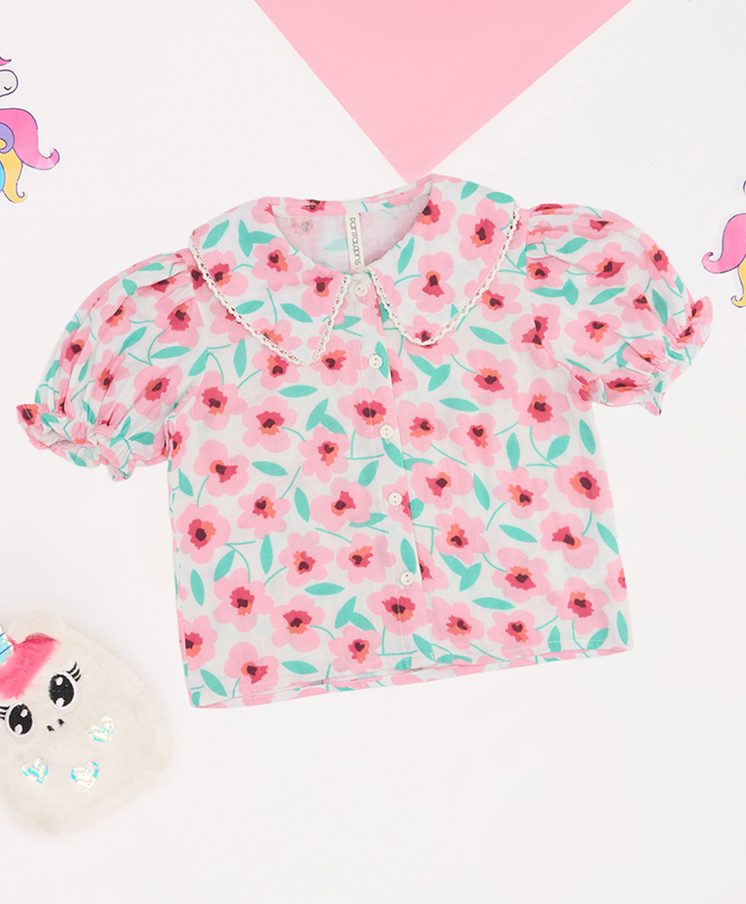 Pantaloons Junior Viscose Knit Half Puffed Sleeves Floral Printed Shirt Style Top - Pink-picture-19