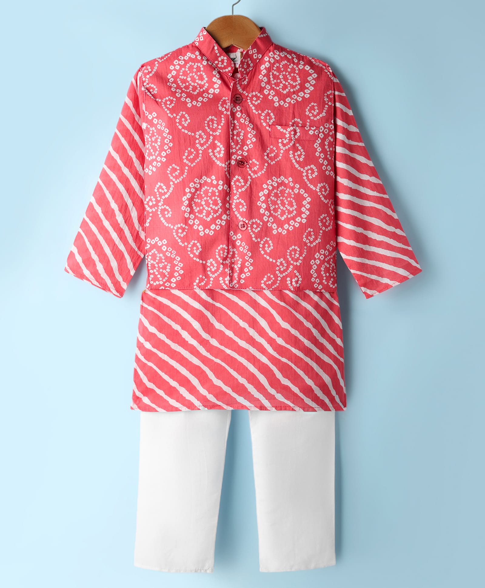Teentaare Cotton Woven Full Sleeves Kurta & Pajama Set With Bandhani Printed Nehru Jacket - Red & White-image-44