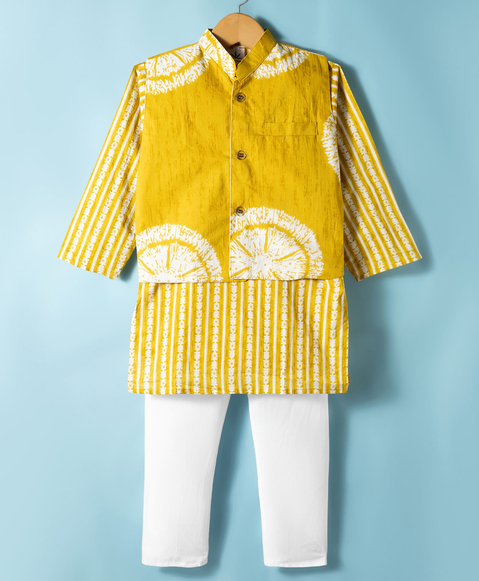 Teentaare Cotton Woven Full Sleeves Kurta & Pajama Set With Printed Nehru Jacket - Yellow & White