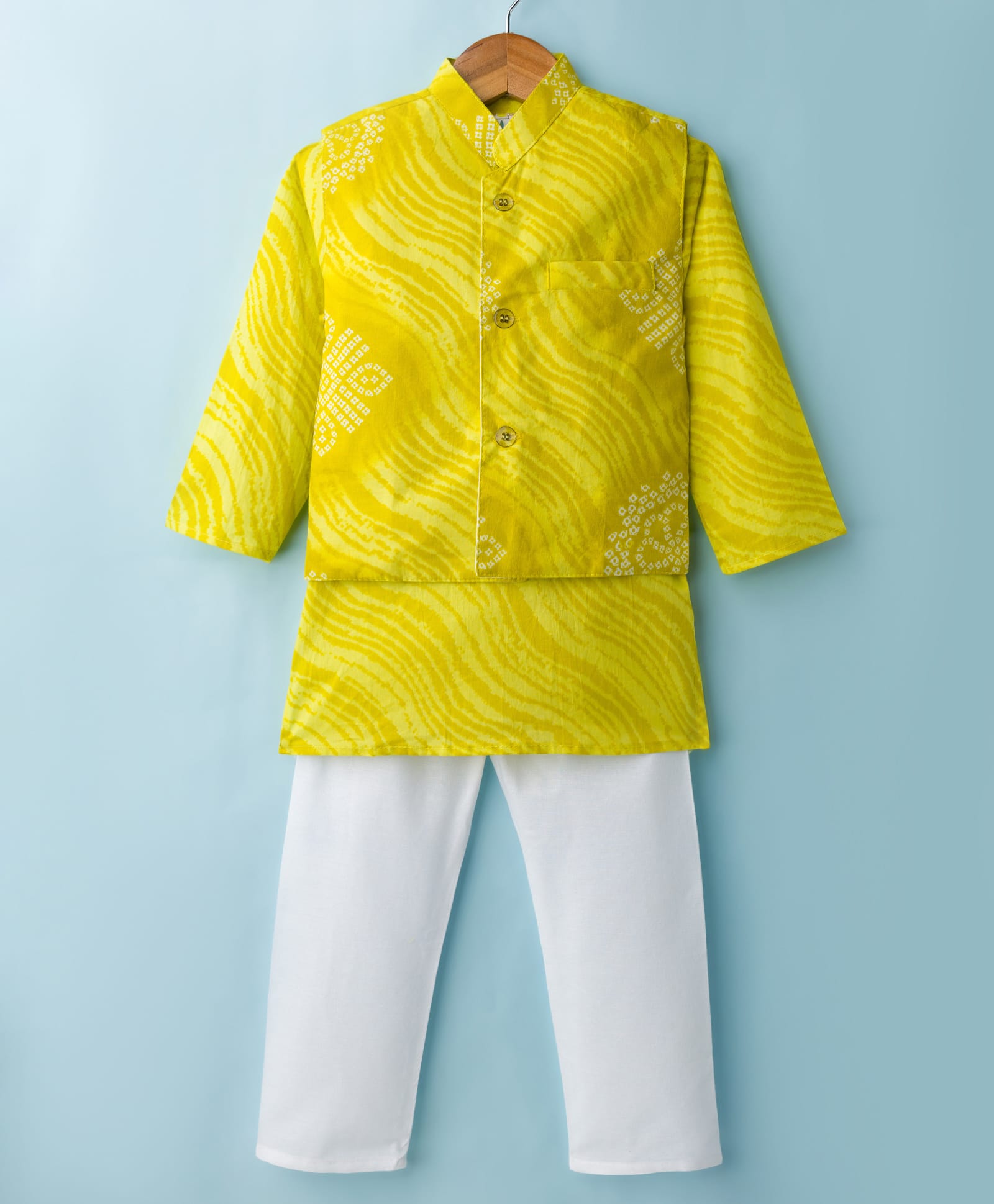 TEENTAARE Cotton Woven Full Sleeves Kurta Pajama & Jacket Set With Bandhani Print - Lime Green-image-4