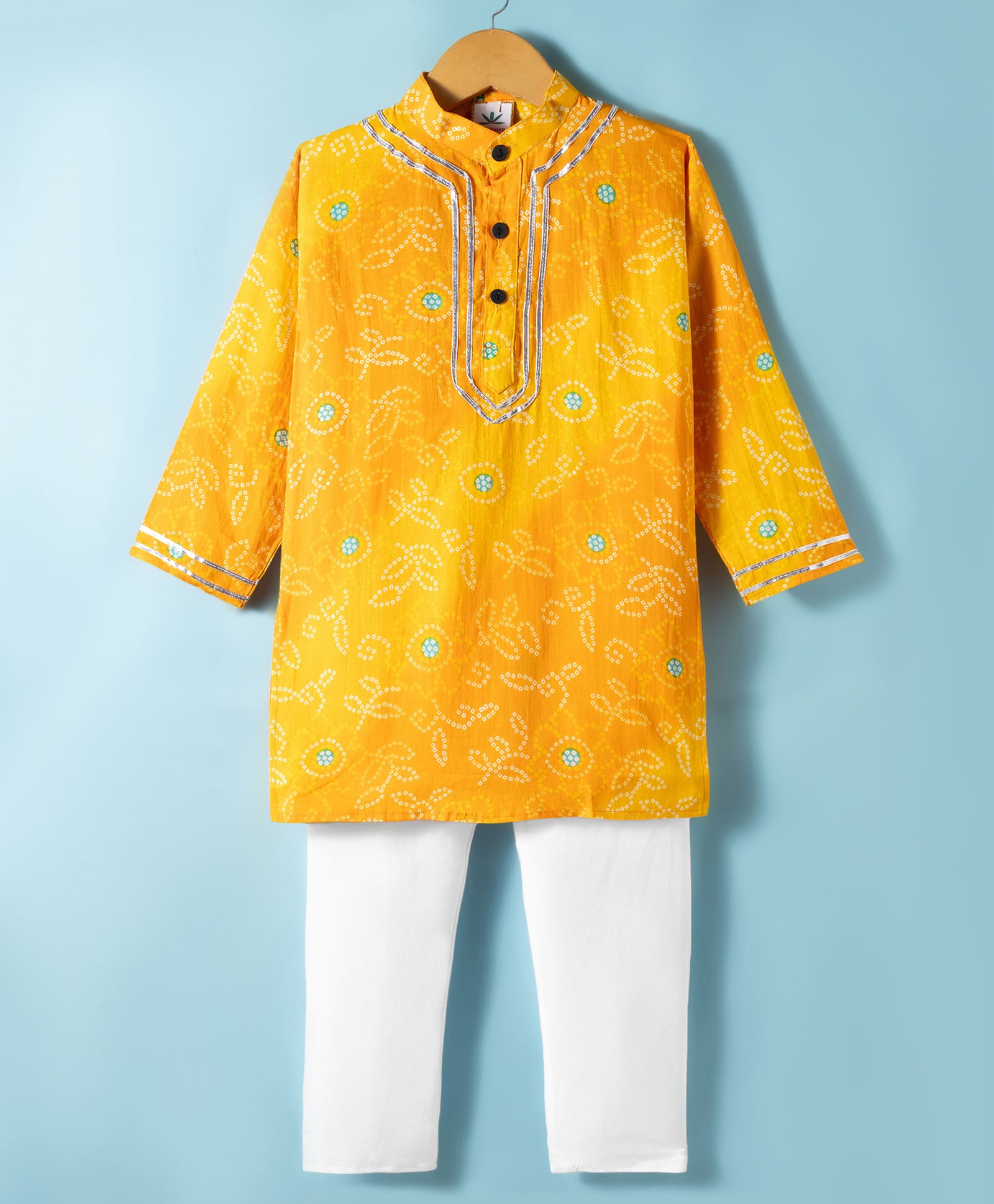 Teentaare Cotton Woven Full Sleeves Kurta & Pajama Set With Bandhani Print - Yellow-image-21