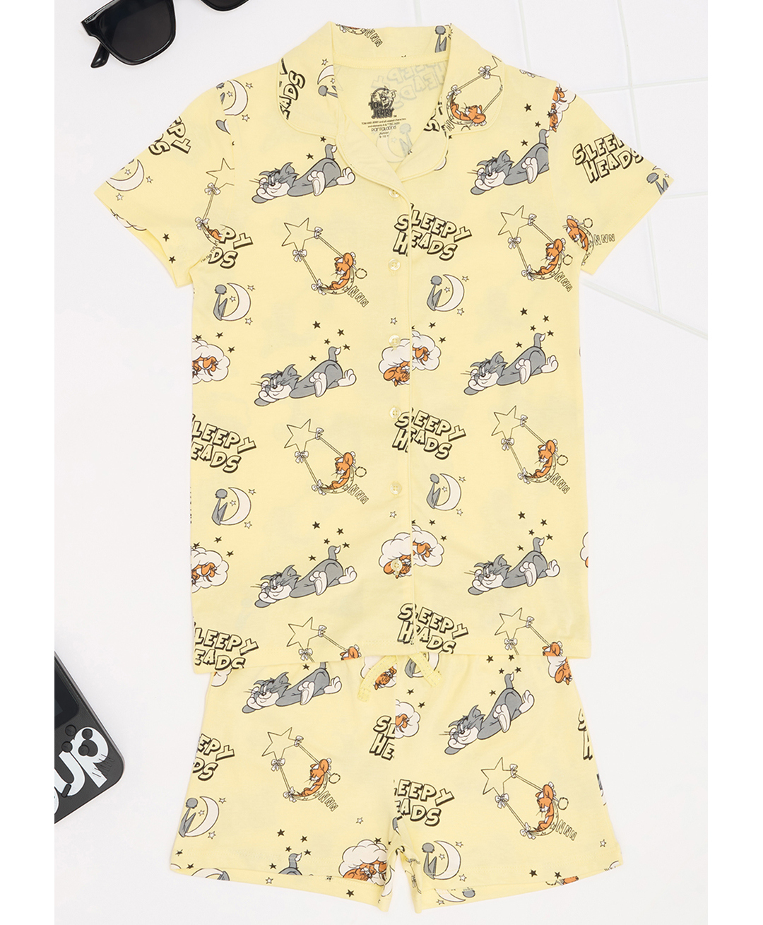 Pantaloons Junior Cotton Knit Warner Bros Featuring Half Sleeves Tom & Jerry Printed Coordinating Shirt & Shorts Night Suit Set - Yellow-picture-35