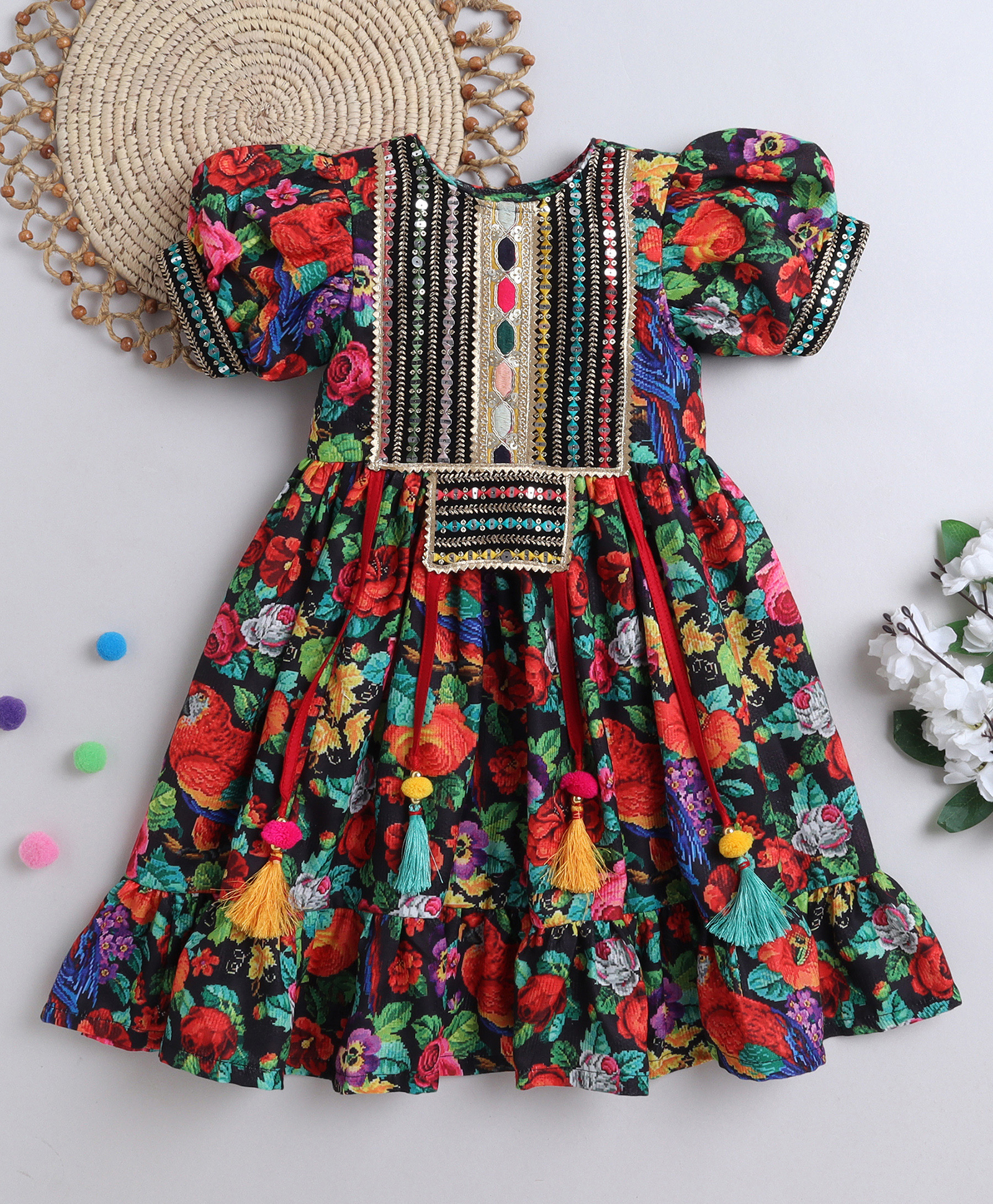 TINY MINY MEE Cotton Woven Half Puffed Sleeves Floral Printed & Mirror Work Detailed Dress - Multi Colour-image-21