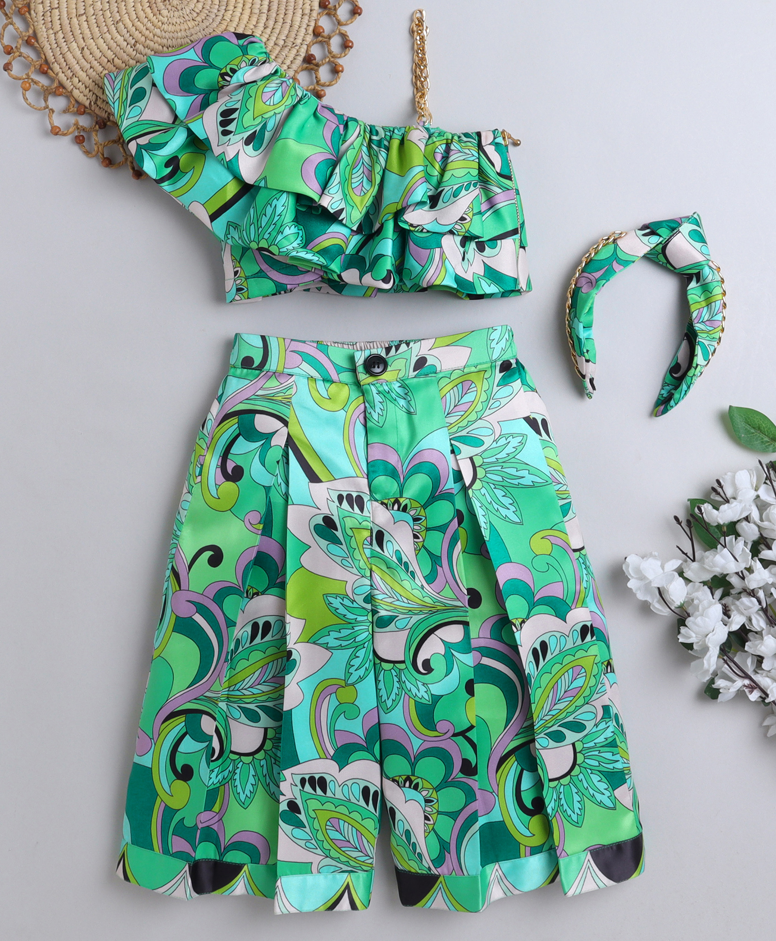TINY MINY MEE Silk Woven Sleeveless Leaves Printed Top & Coordinating Palazzo With Headband - Green-image-42