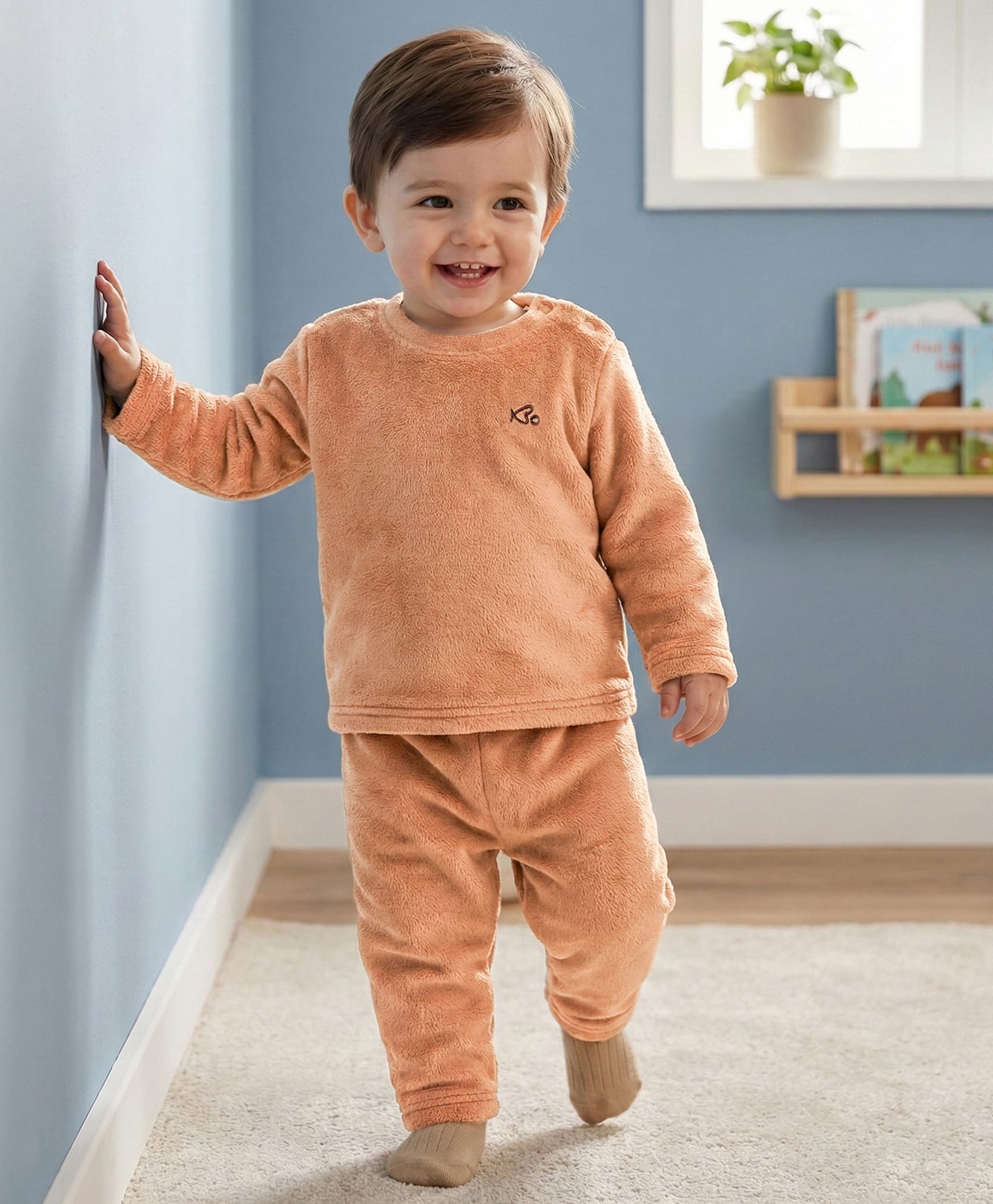 Babyoye Fur Knit Full Sleeves Solid Colour Winter Wear Co-ords Night Suit - Brown