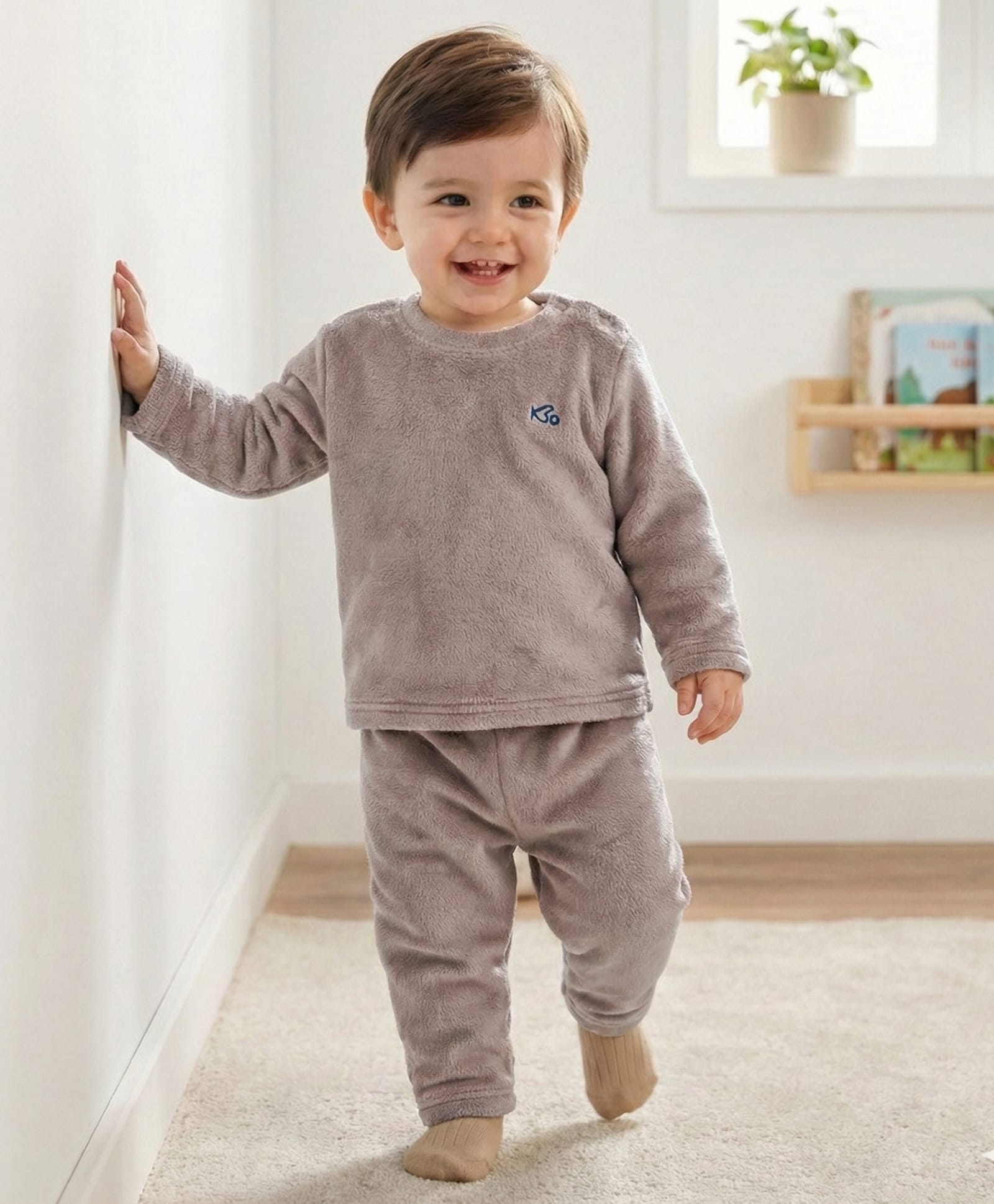 Babyoye Fur Knit Full Sleeves Solid Colour Winter Wear Night Suit - Grey-picture-10