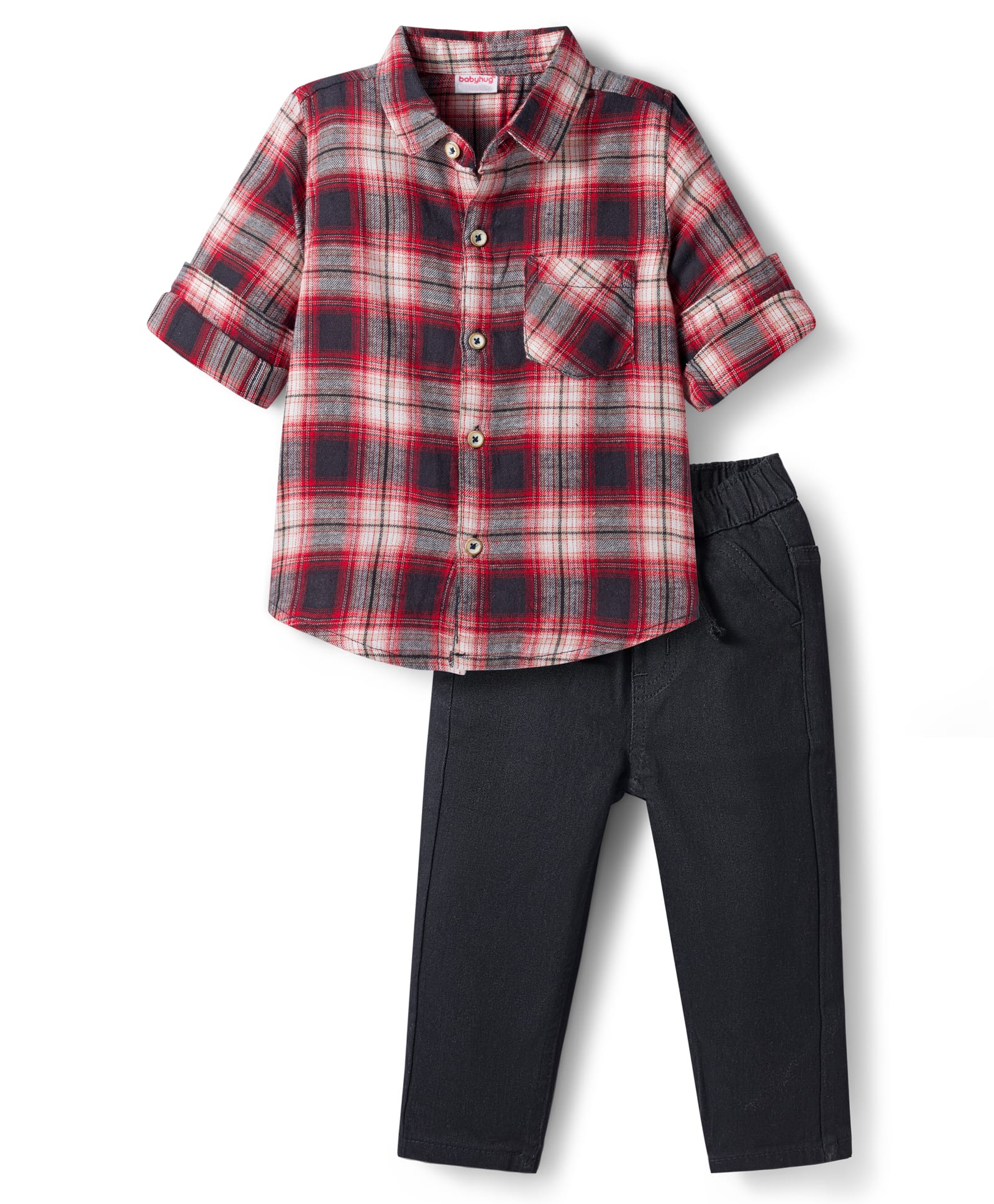 Babyhug Cotton Woven Full Sleeves Checks Shirt & Jeans Set - Maroon & Black-image-23