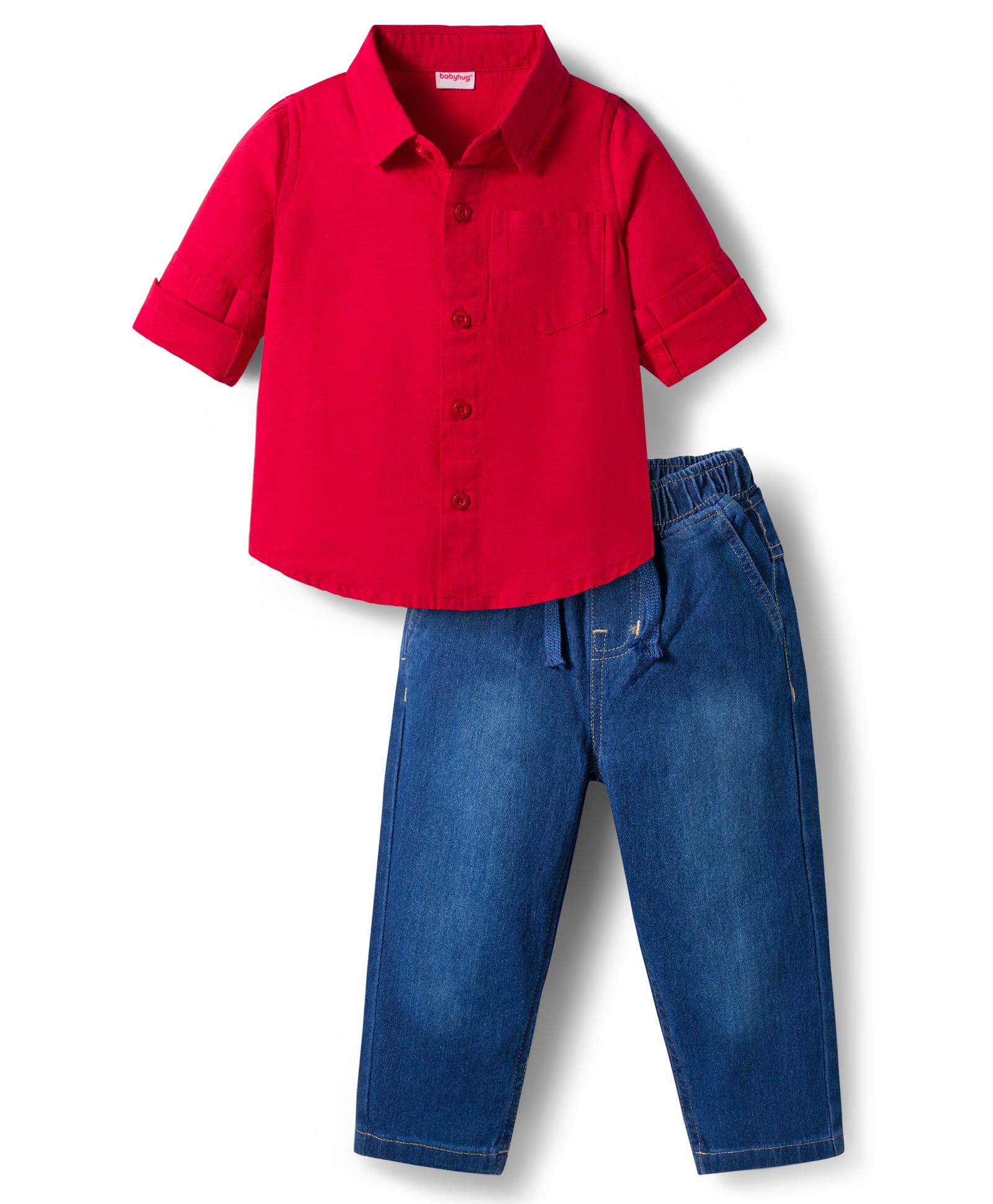 Babyhug Cotton Woven Full Sleeves Solid Color Shirt & Jeans Set - Red & Blue-picture-28