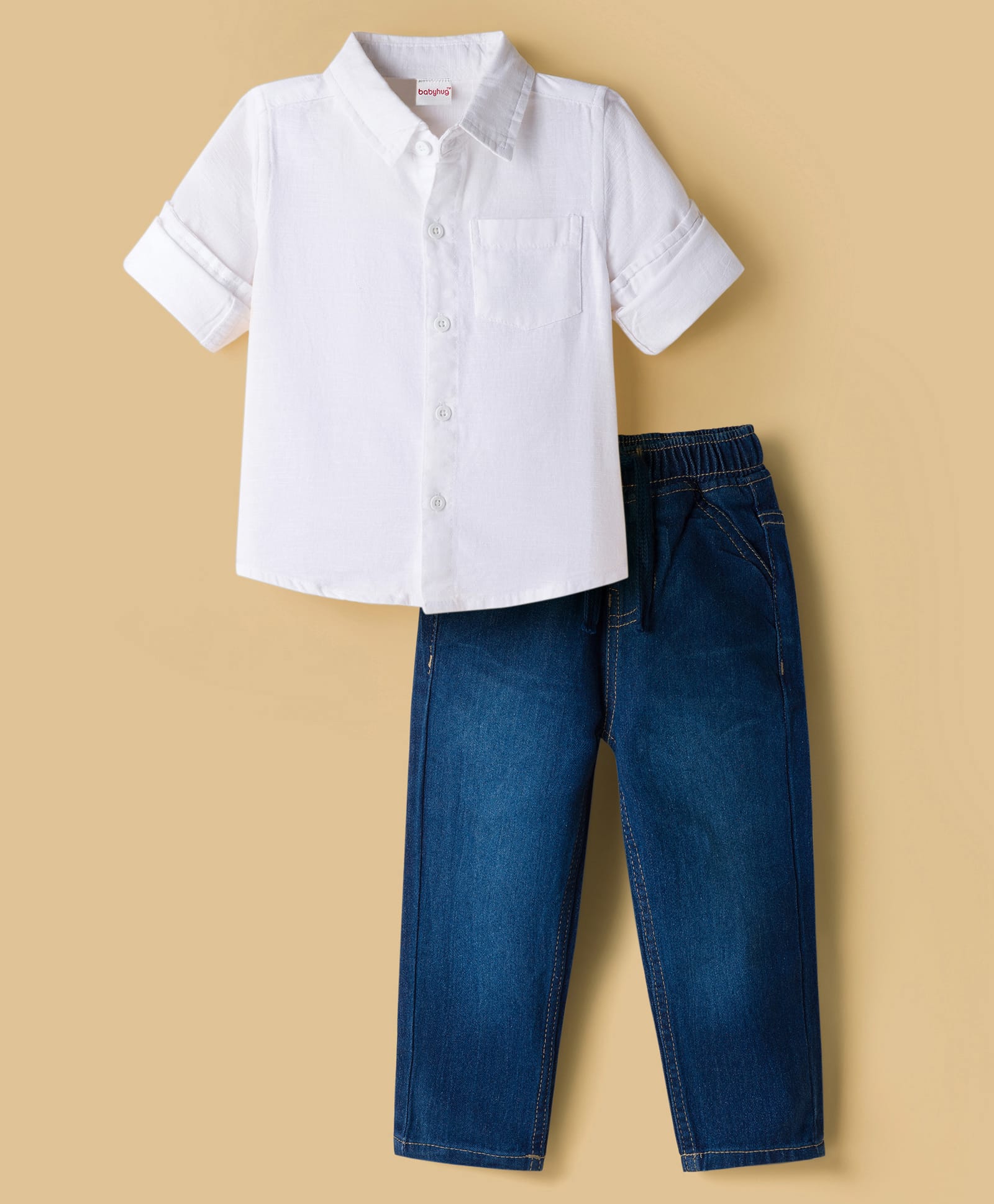 Babyhug Cotton Woven Full Sleeves Solid Shirt and Denim Jeans Set - White-picture-38