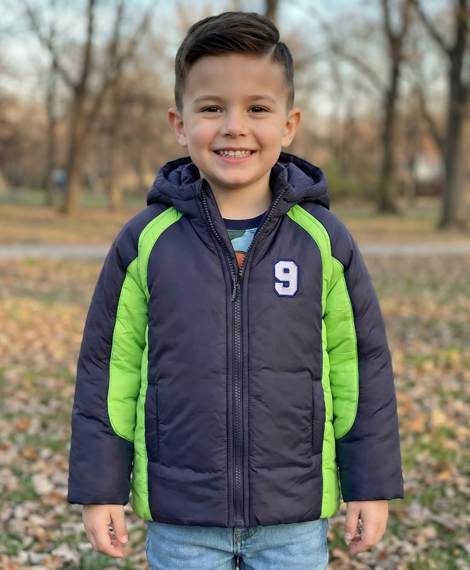 Babyhug Woven Full Raglan Sleeves Hooded Padded Jacket With Number Patch - Navy Blue & Green-picture-21