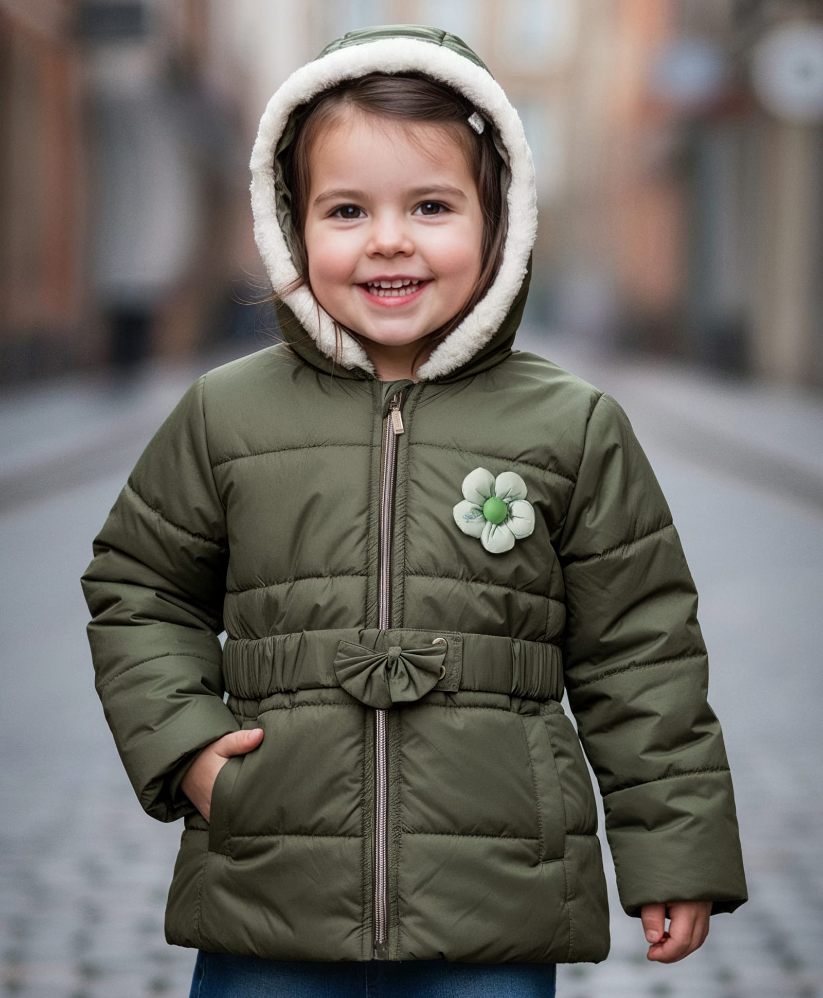 Babyhug Woven Full Sleeves Hooded Padded Jacket with Floral Applique - Olive Green-picture-18