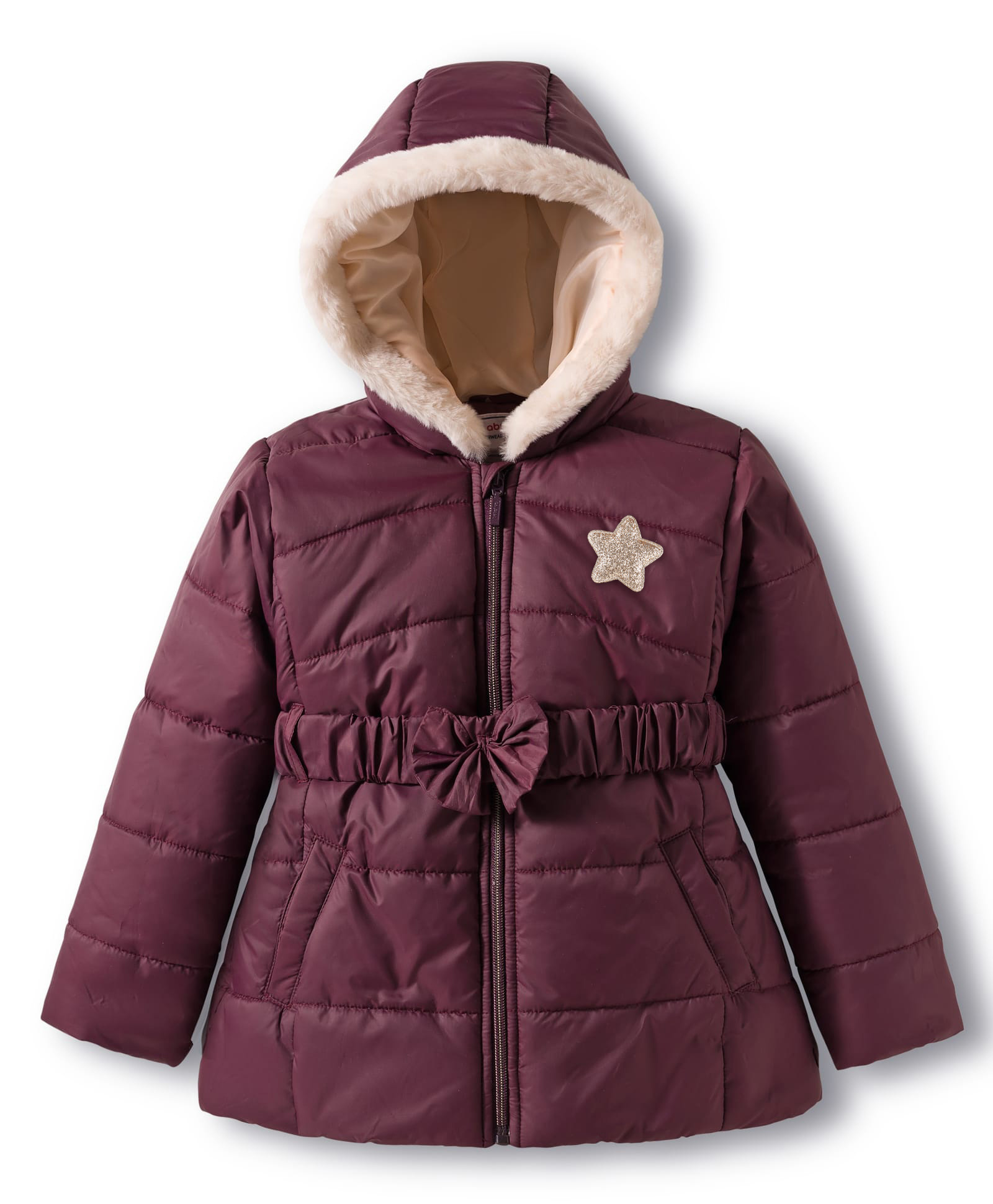 Babyhug Woven Full Sleeves Hooded Padded Jacket with Bow Applique - Wine-picture-18