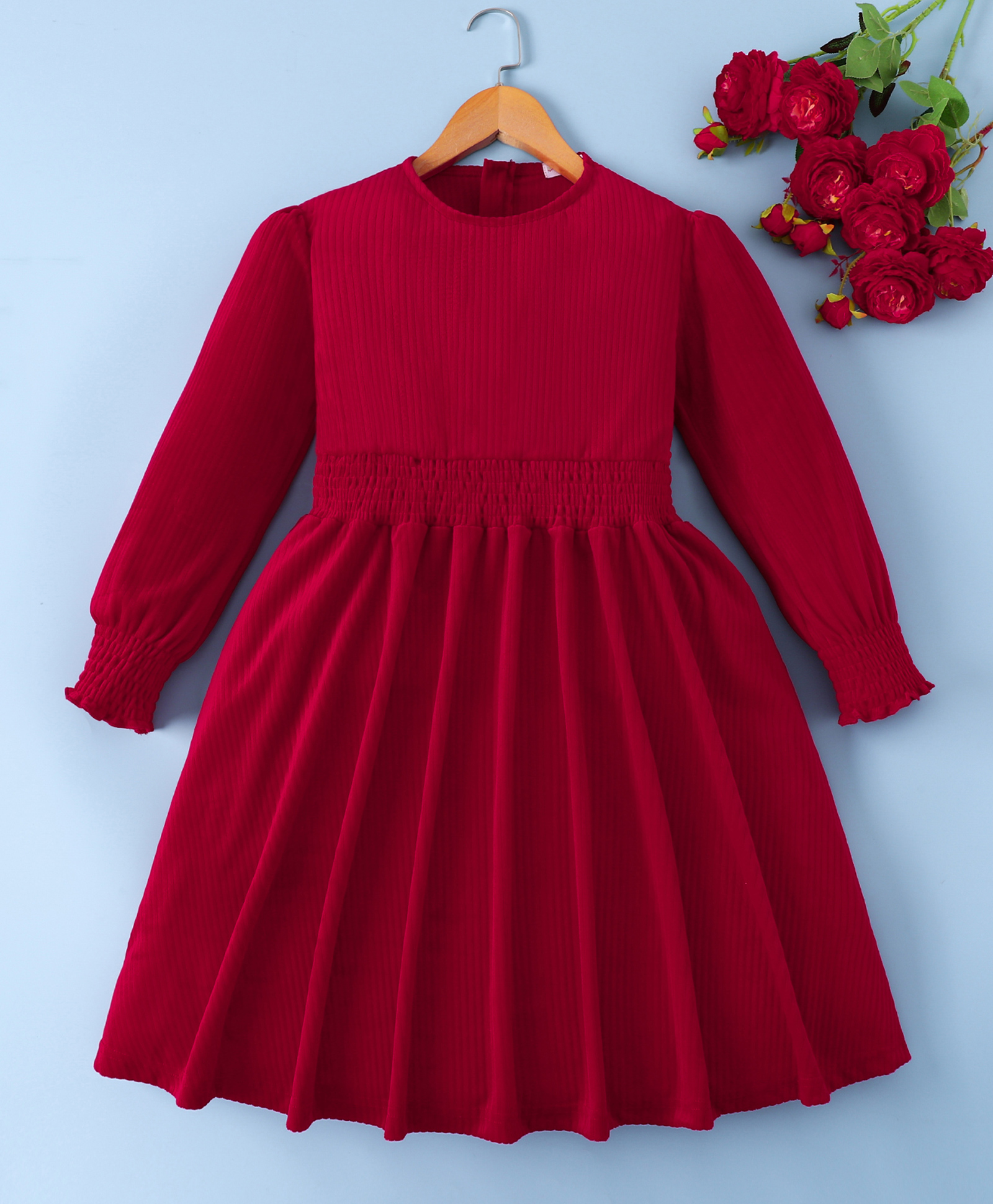 Mark & Mia Full Sleeves Solid Color Textured Party Dress With Smock Detailing - Dark Red-picture-23