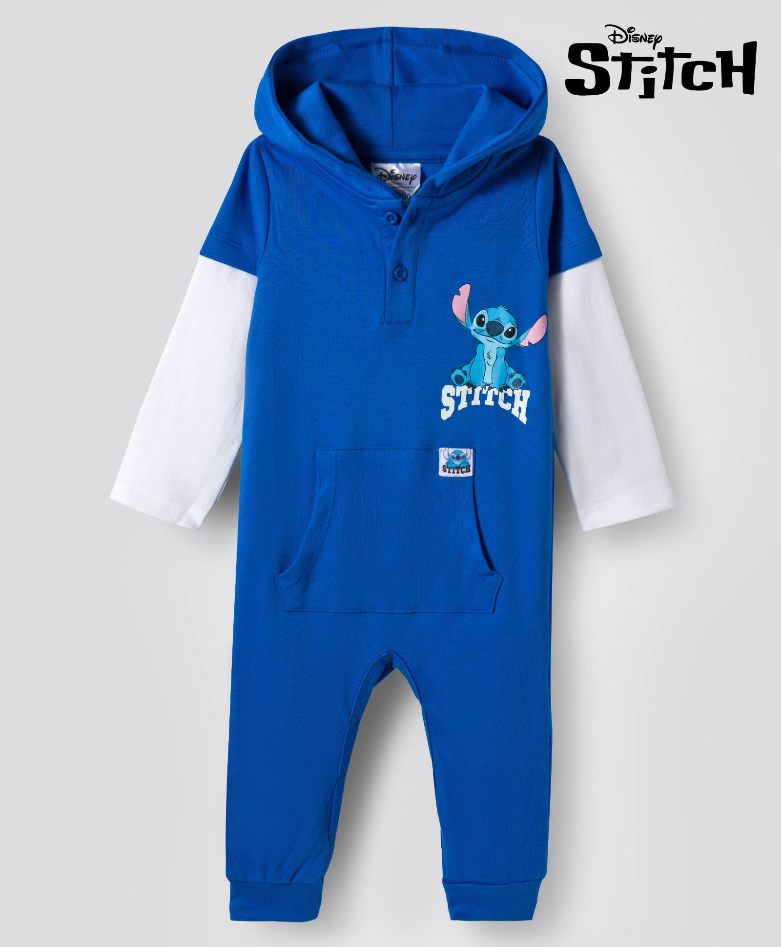 Bonfino Disney Interlock Knit Full Sleeves Hooded Romper with Front & Back Stitch Graphic & Pocket Detailing - Blue-image-12