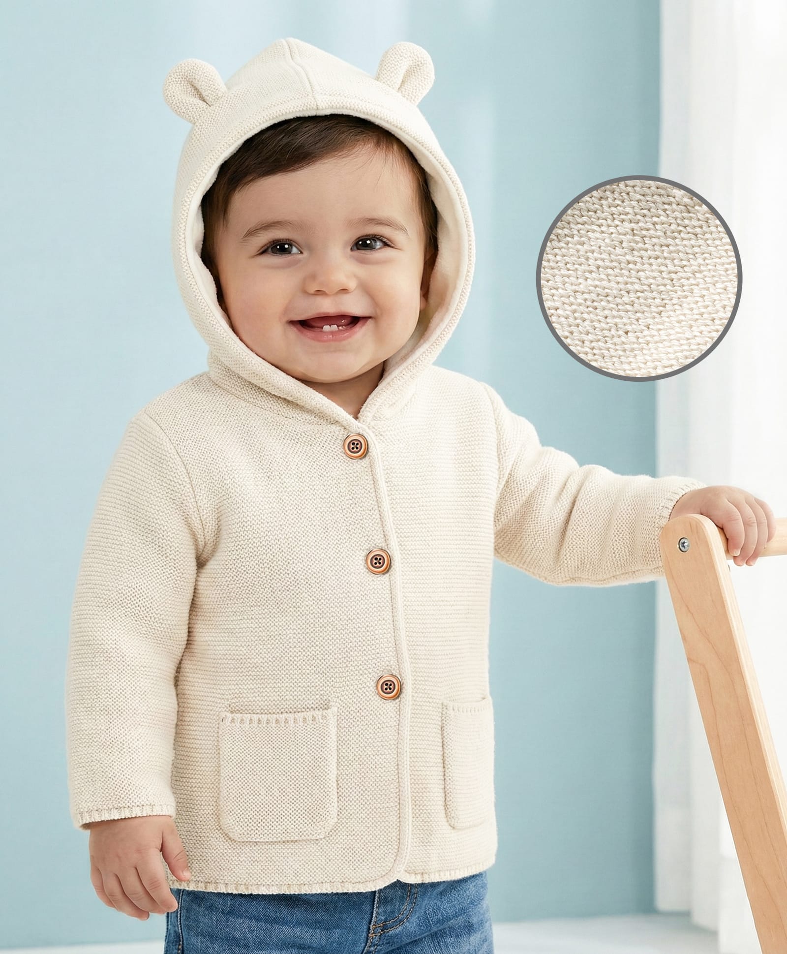 Babyoye 100% Cotton Knit Full Sleeves Front Open Sweater With Hood & Solid Dyed - Ivory-image-22