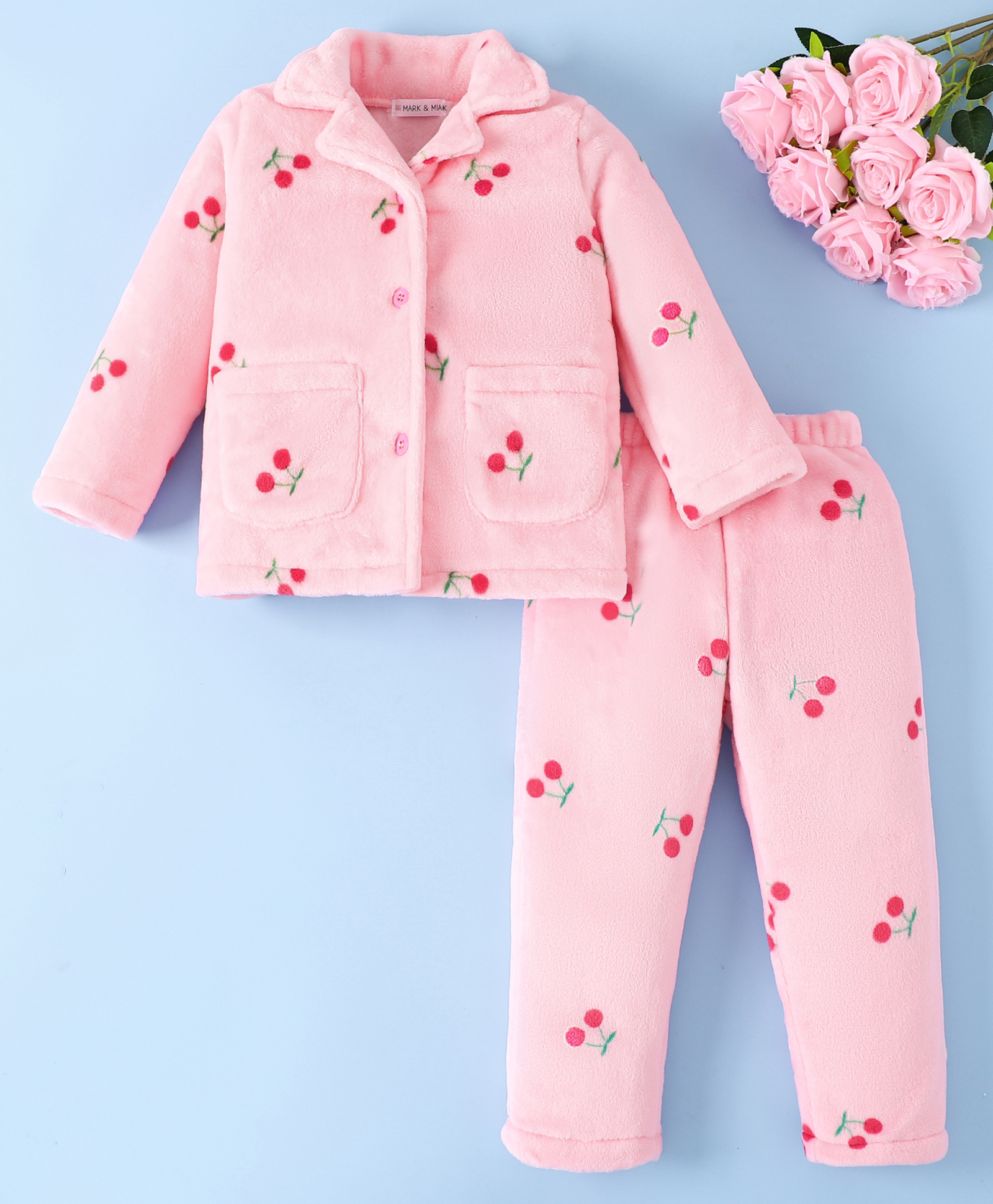 Mark & Mia Full Sleeves Winter Wear Night Suit With Cherry Print - Pink-image-8