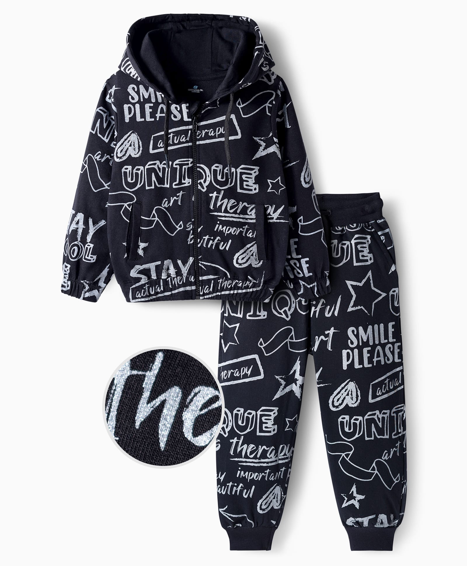 OLLINGTON ST. Cotton Knit Full Sleeves Text Printed Hooded Sweatshirts & Knit Joggers - Black-picture-16