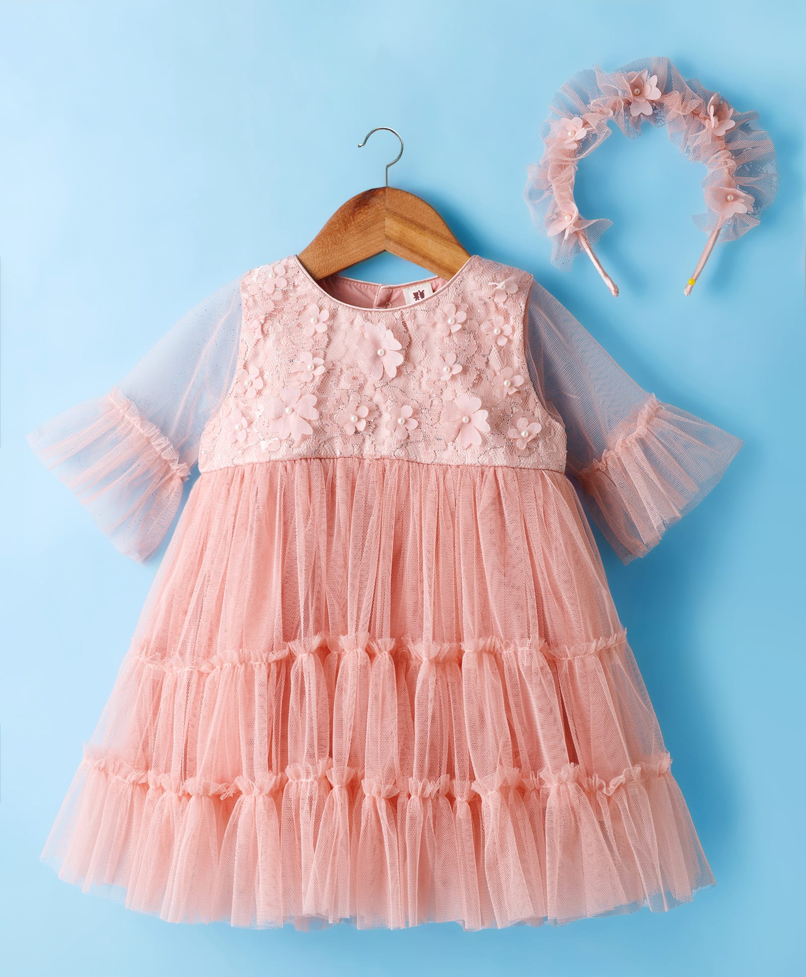 ToffyHouse Knit Full Sleeves Party Dress With Floral Applique & Headband - Light Red-picture-19