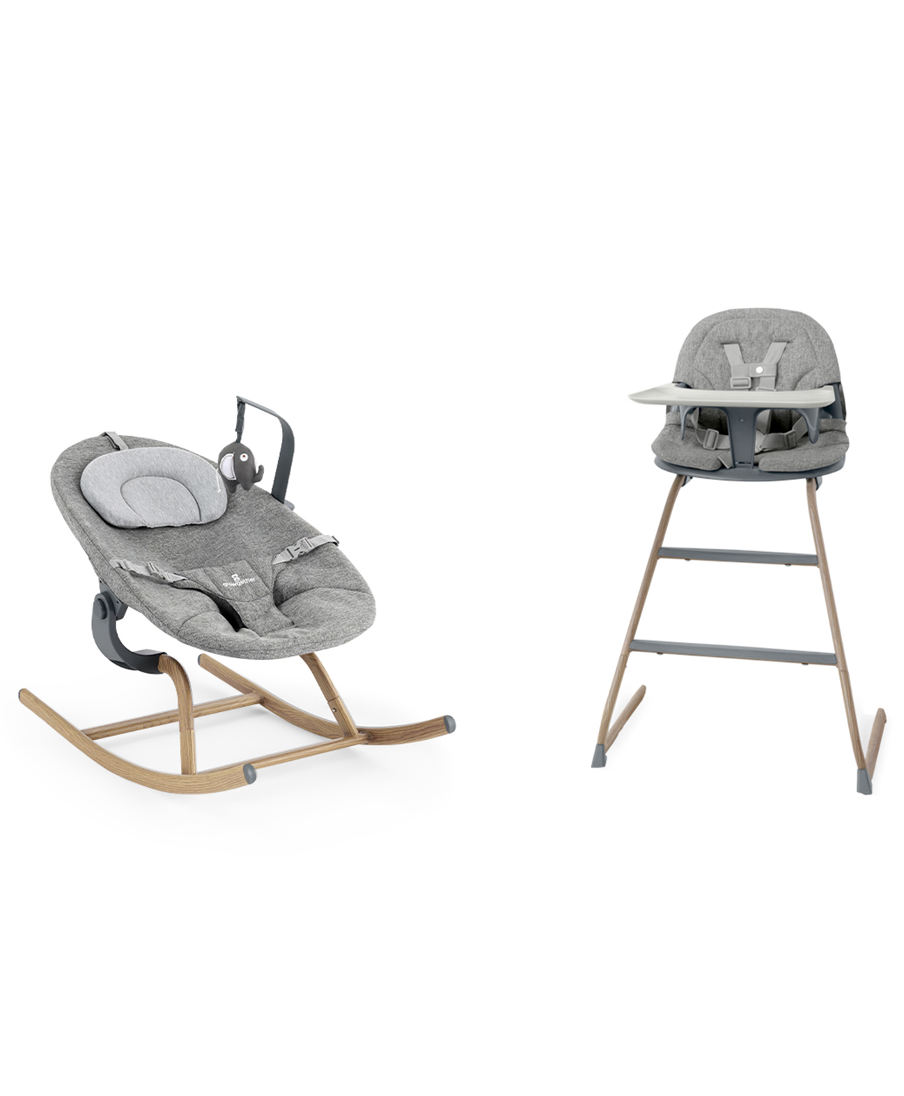 Growgether Gravity High Chair & Baby Rocker Newborn Combo, Ergonomic High Chair (6M-5Y) with 5-Point Harness + Rocker (0-6M) with 3-Position Recline | Tool-Free Click System, Washable Covers - Grey-image-14