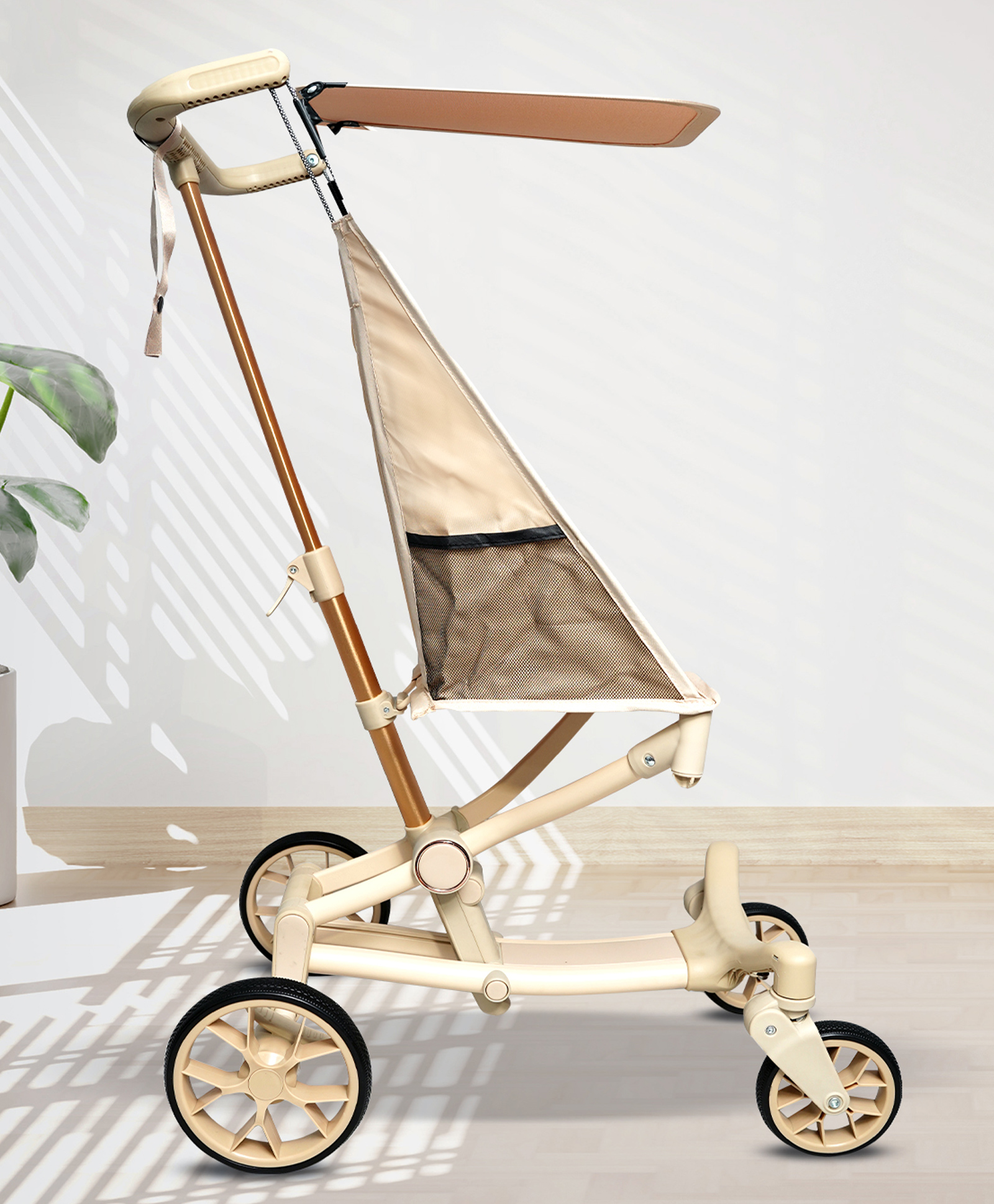 Angels & Mice Travel Cruiser Stroller for 2-7+ Years, Steel Frame,4pt. Safety Harness Lightweight Travel Stroller with Wide Seat, Big Wheels, Compact Fold, Adjustable Sunshade,Beige & Gold-image-34