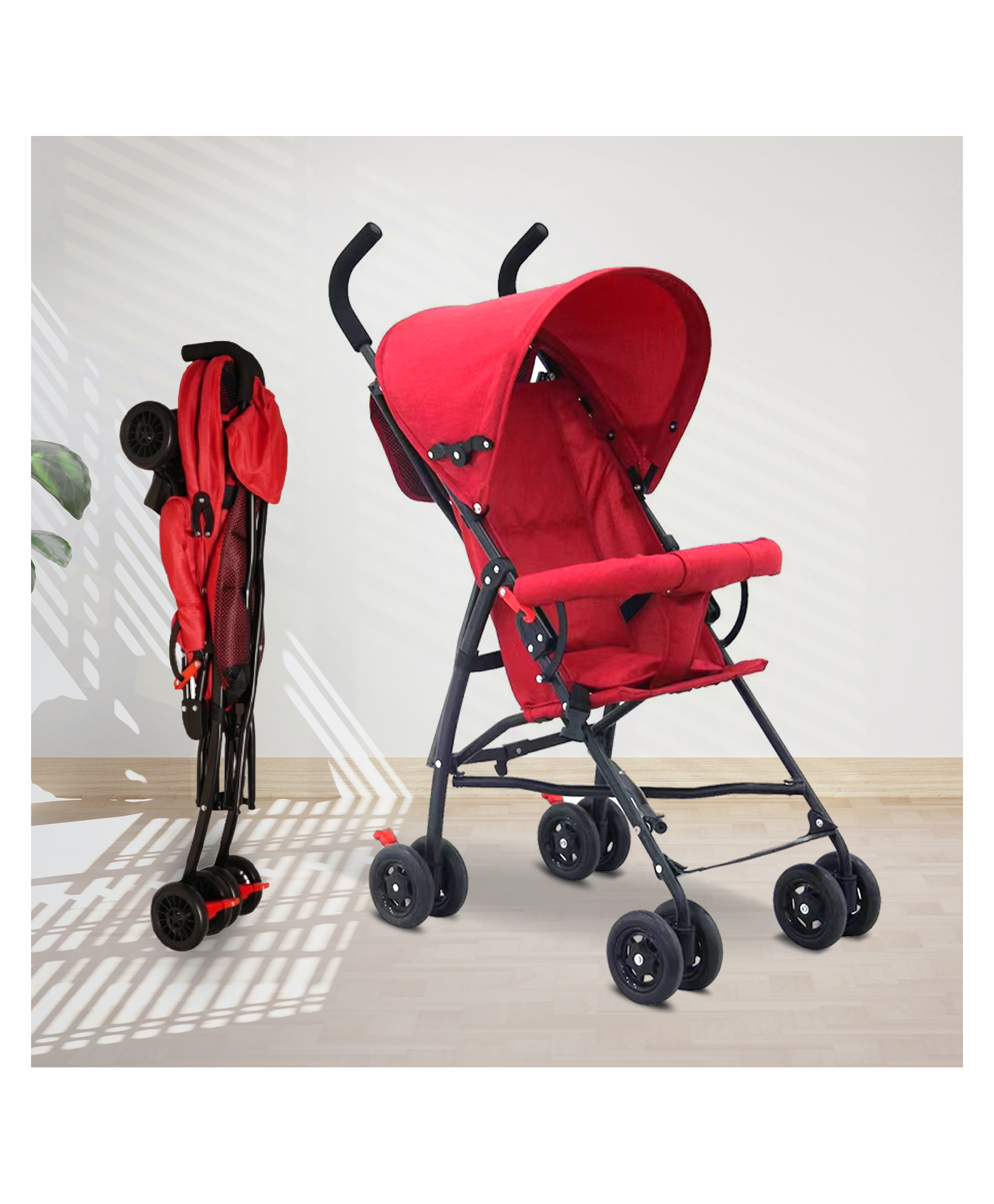 Angels & Mice Breezy Lite, Iron Frame, Compact & Lightweight Infant travel buggy, Umbrella Stroller, 7M to 3 Years| Guardrail, Extendable Canopy, Roll-Up Seat & 3-Point Safety Harness, Red-image-7