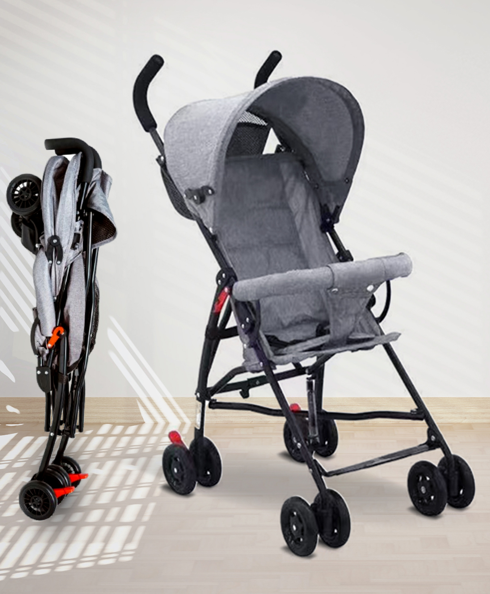 Angels & Mice Breezy Lite, Iron Frame, Compact & Lightweight Infant travel buggy, Umbrella Stroller, 7M to 3 Years| Guardrail, Extendable Canopy, Roll-Up Seat & 3-Point Safety Harness,Grey-image-6
