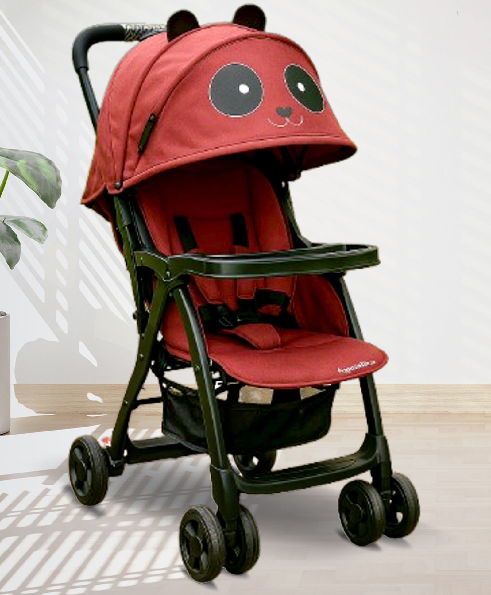 ANGELS & MICE Panda Baby Stroller Pram Newborn-3 Years, Iron, Food Tray, Foldable Baby Trolley with Safety Harness, Recline Seat & Extendable Canopy, Lightweight Baby Carrier & Pram, Maroon-image-33