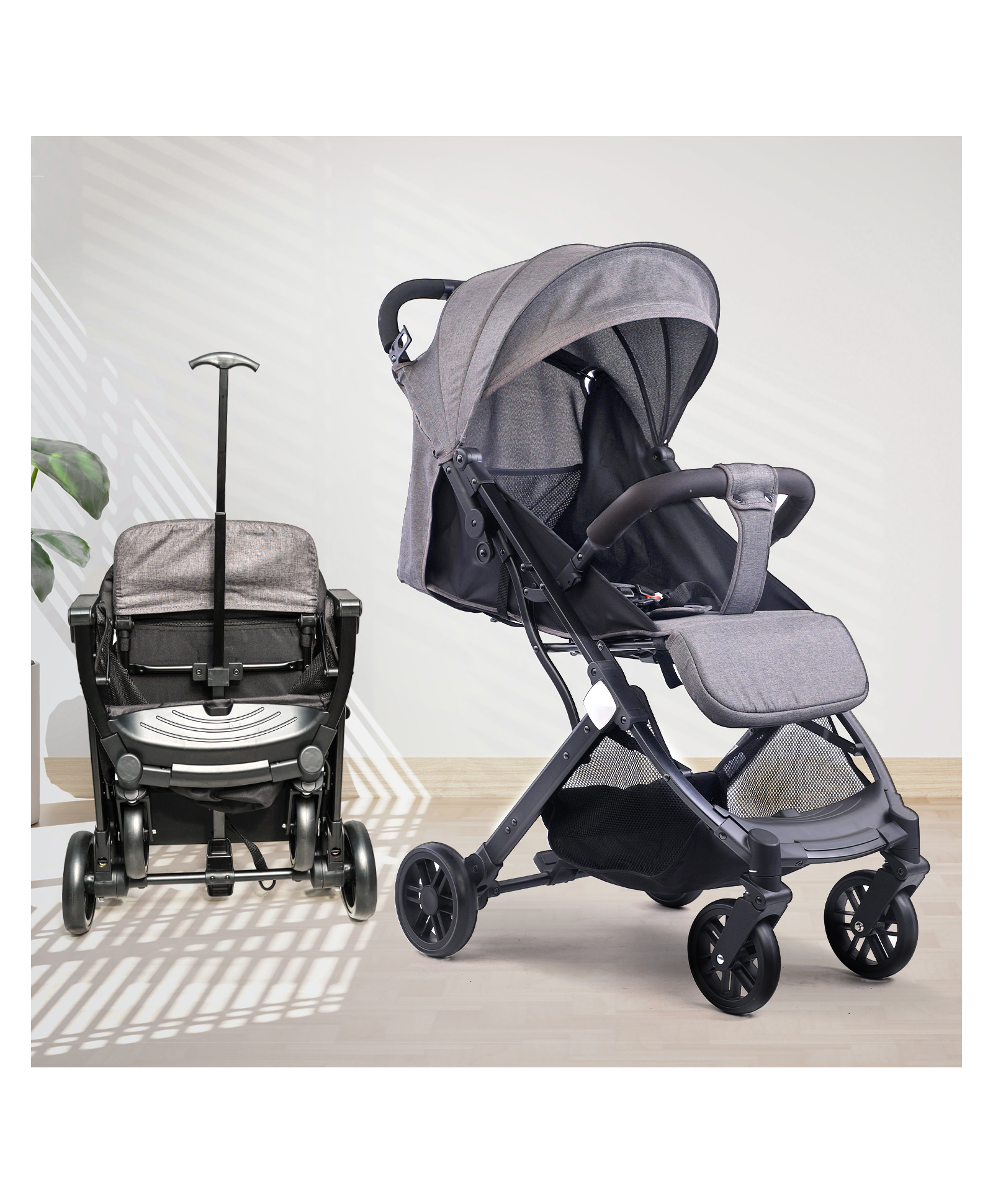 Angels & Mice Urban Glide, Trolley Pull, Self Standing, Newborn to 5 Years, 5pt. Safety Harness, Steel Frame, ABS Wheel 360° Swivel, Fits Airplane overhead bin-Grey-image-3