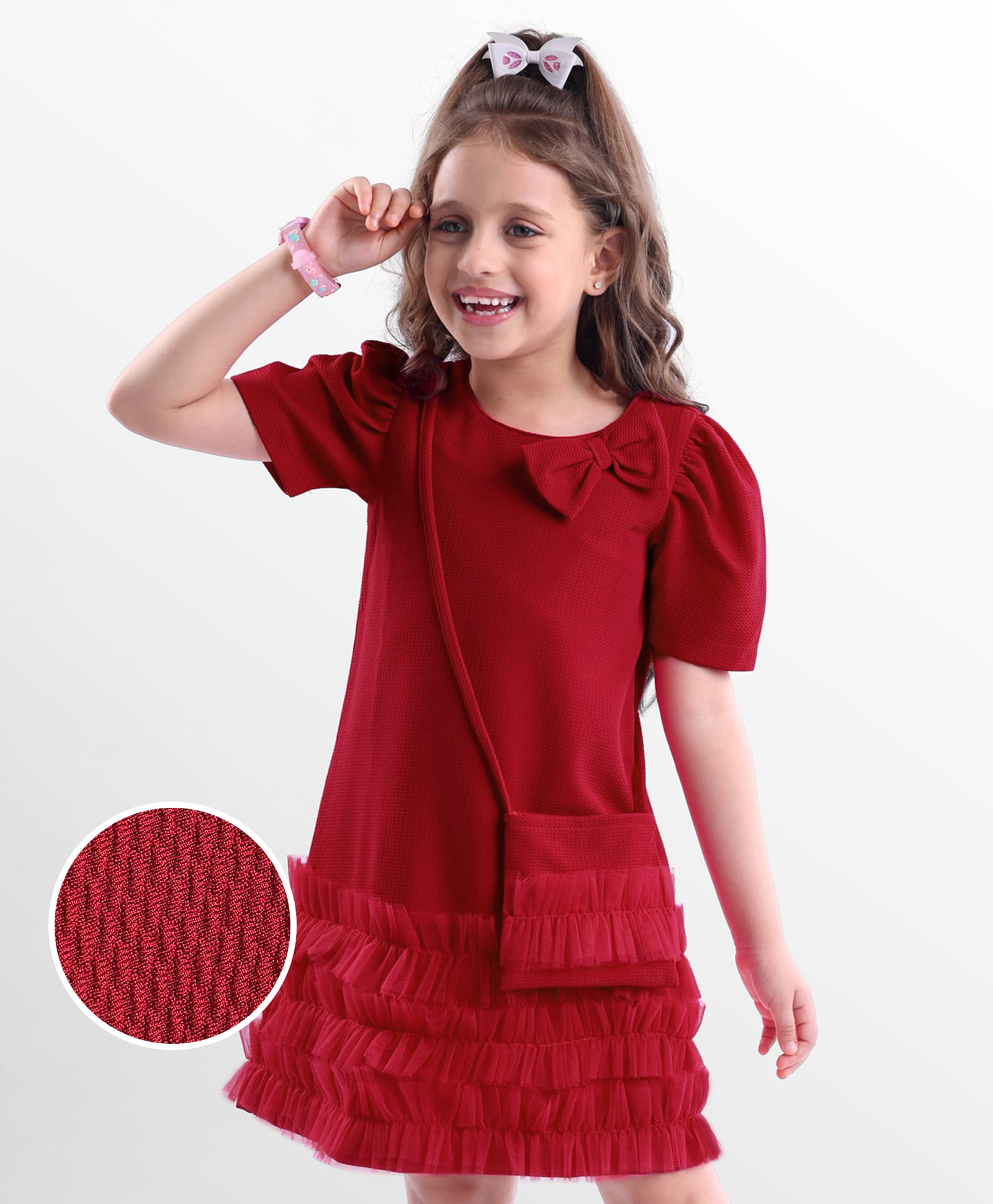 Hola Bonita Knit Half Sleeves Solid Dress With Bow Applique & Sling Bag - Maroon-image-25