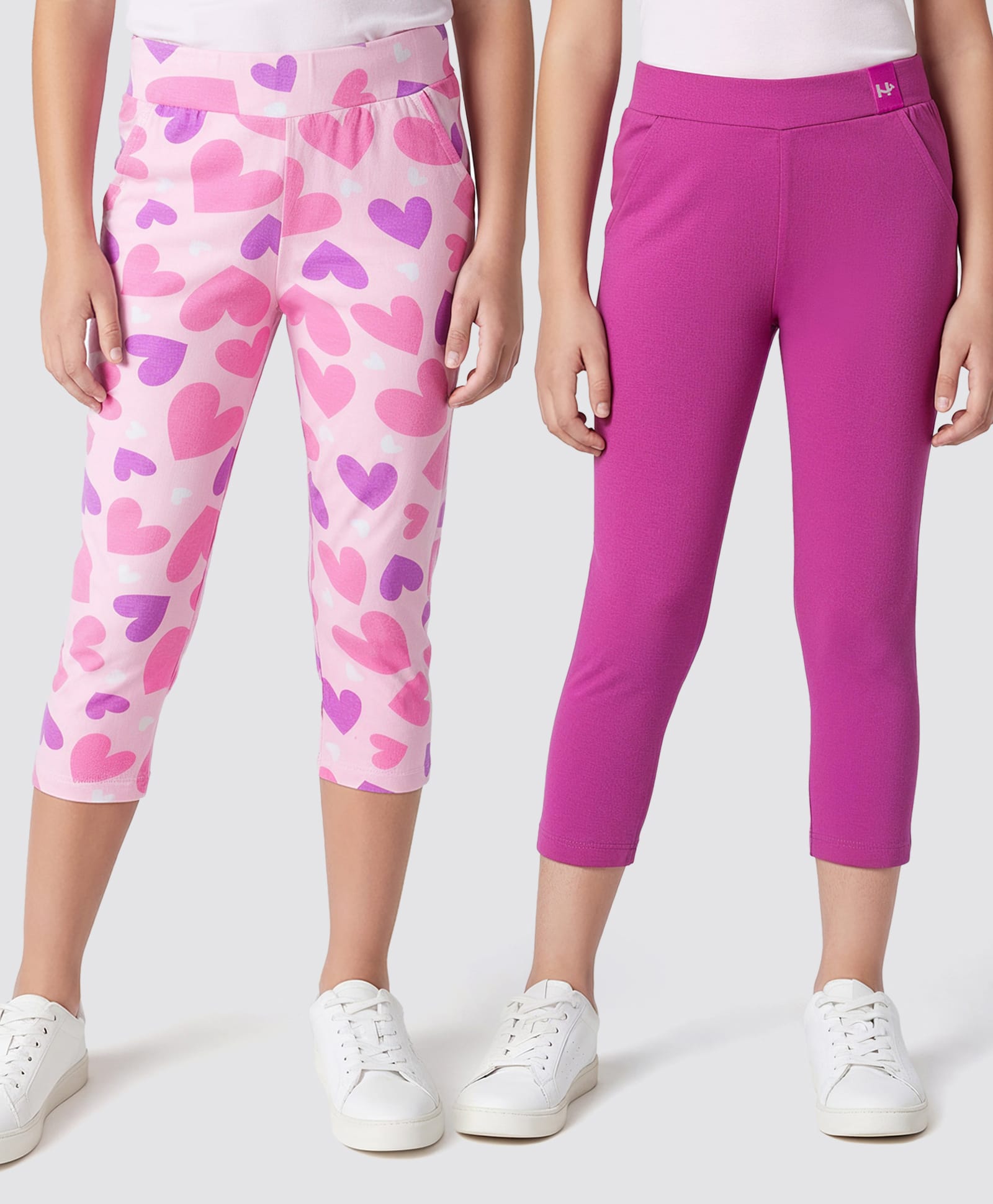 Honeyhap Premium Cotton Elastane Knit Three Fourth Leggings With Heart Print & Bio Finish Pack of 2 - Carmine Rose & Evening Primrose-image-4