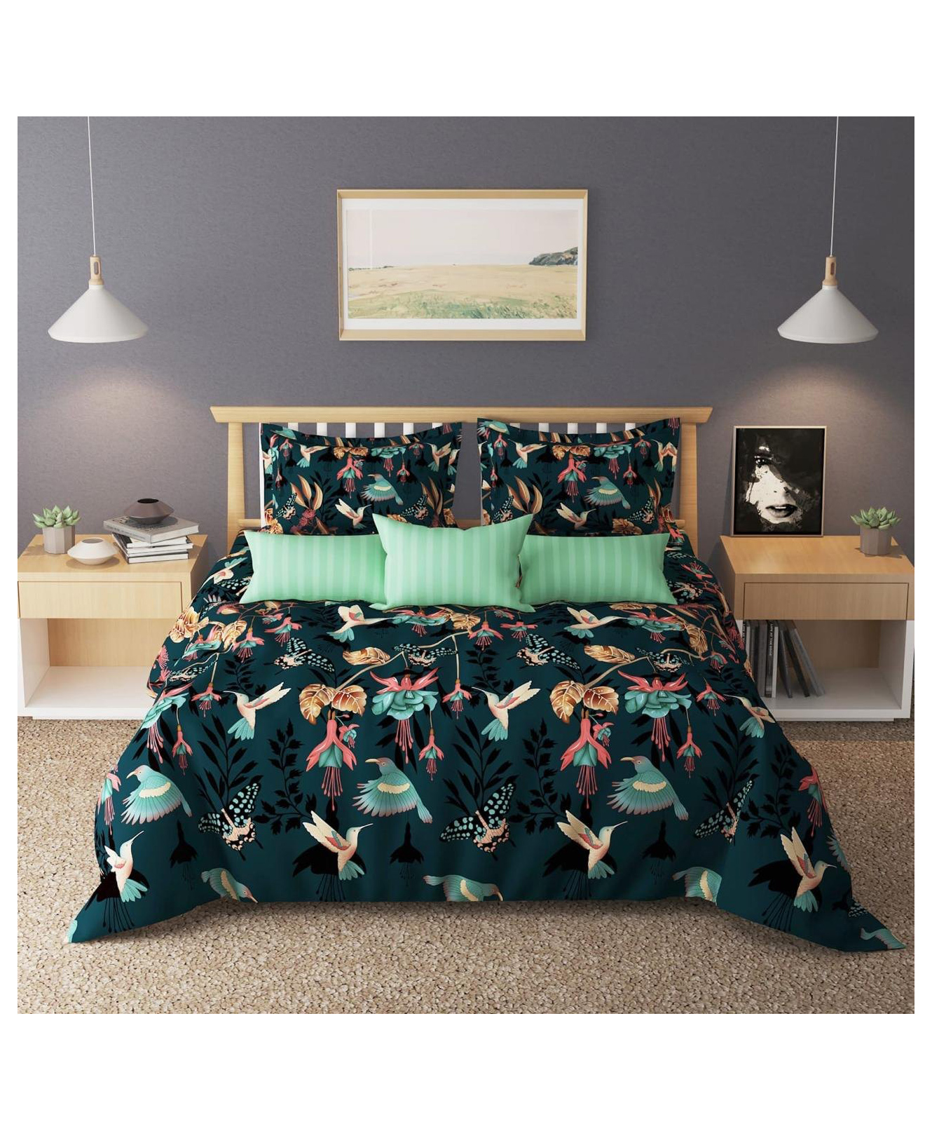 bhaiji bedsheets BhaiJi Bedsheet 180 TC Double Bed Sheet Queen size Microfiber With 2 Pillow covers - Green Bird Flat-picture-16