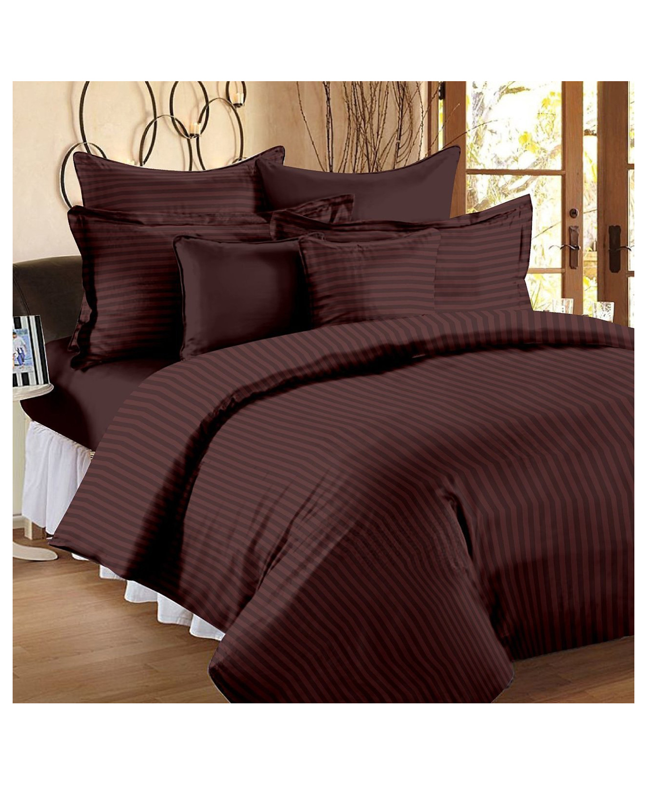 bhaiji bedsheets BhaiJi Bedsheet 180 TC Elastic Fitted Double Bed Sheet 72x78x6 inch Microfiber With 2 Pillow covers - Coffee Stripe Elastic Fitted-picture-29