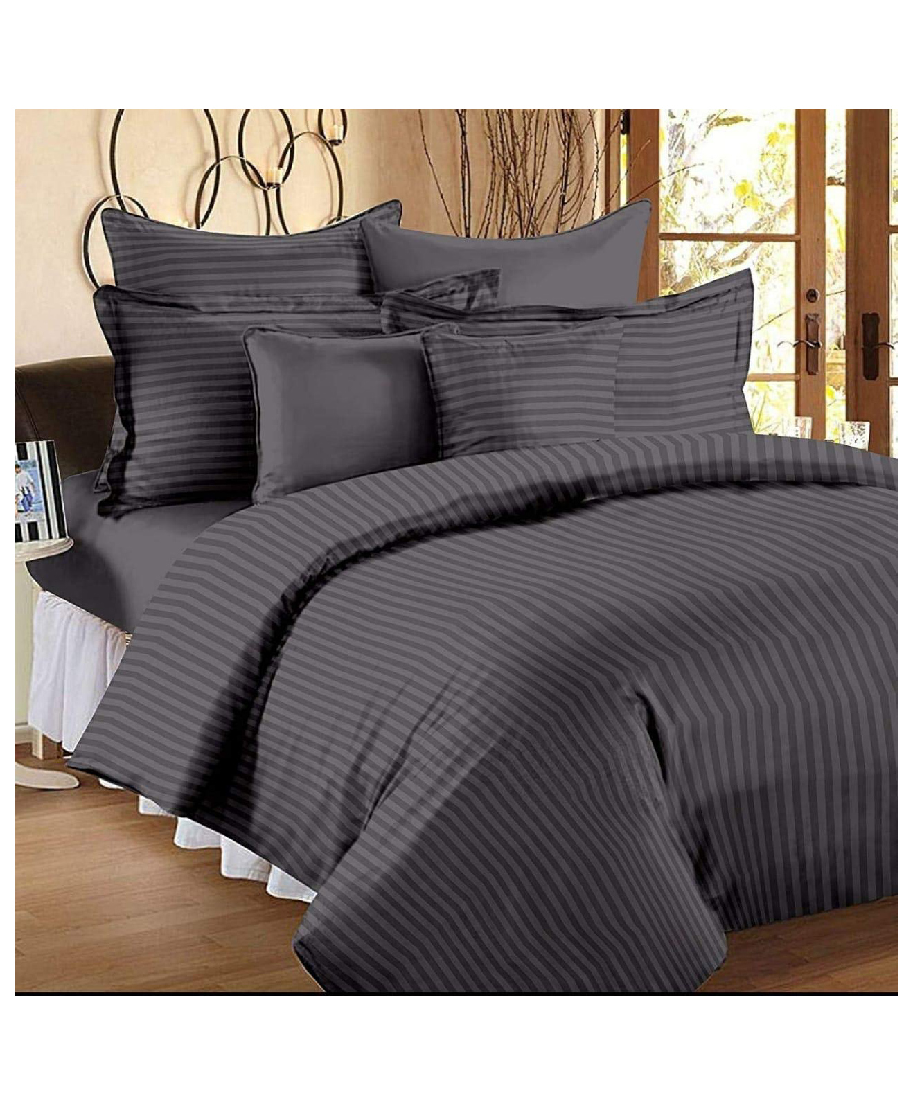bhaiji bedsheets BhaiJi Bedsheet 180 TC Elastic Fitted Double Bed Sheet 72x78x6 inch Microfiber With 2 Pillow covers - Grey Stripe Elastic Fitted-picture-32