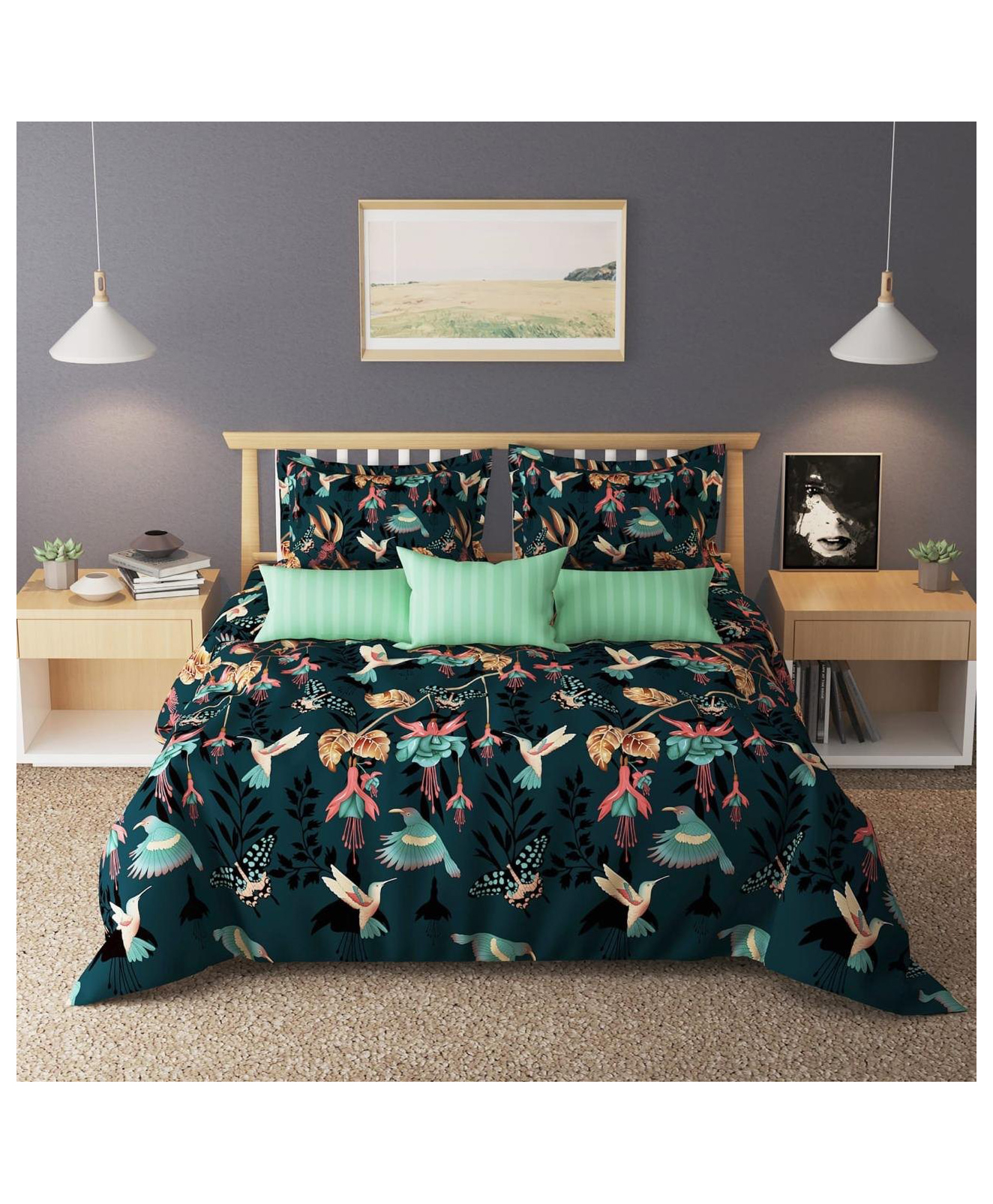 bhaiji bedsheets BhaiJi Bedsheet 180 TC Elastic Fitted Double Bed Sheet 72x78x6 inch Microfiber With 2 Pillow covers - Green Bird Elastic Fitted-picture-30