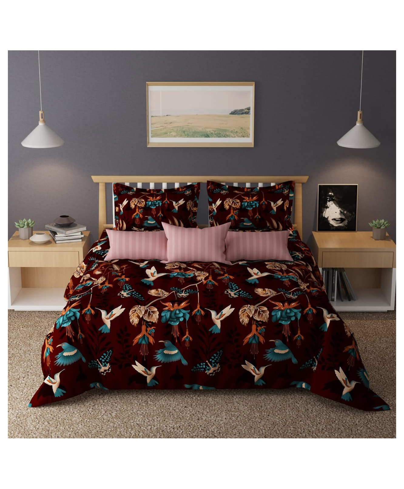 bhaiji bedsheets BhaiJi Bedsheet 180 TC Elastic Fitted Double Bed Sheet 72x78x6 inch Microfiber With 2 Pillow covers - Red Bird Elastic Fitted-picture-31