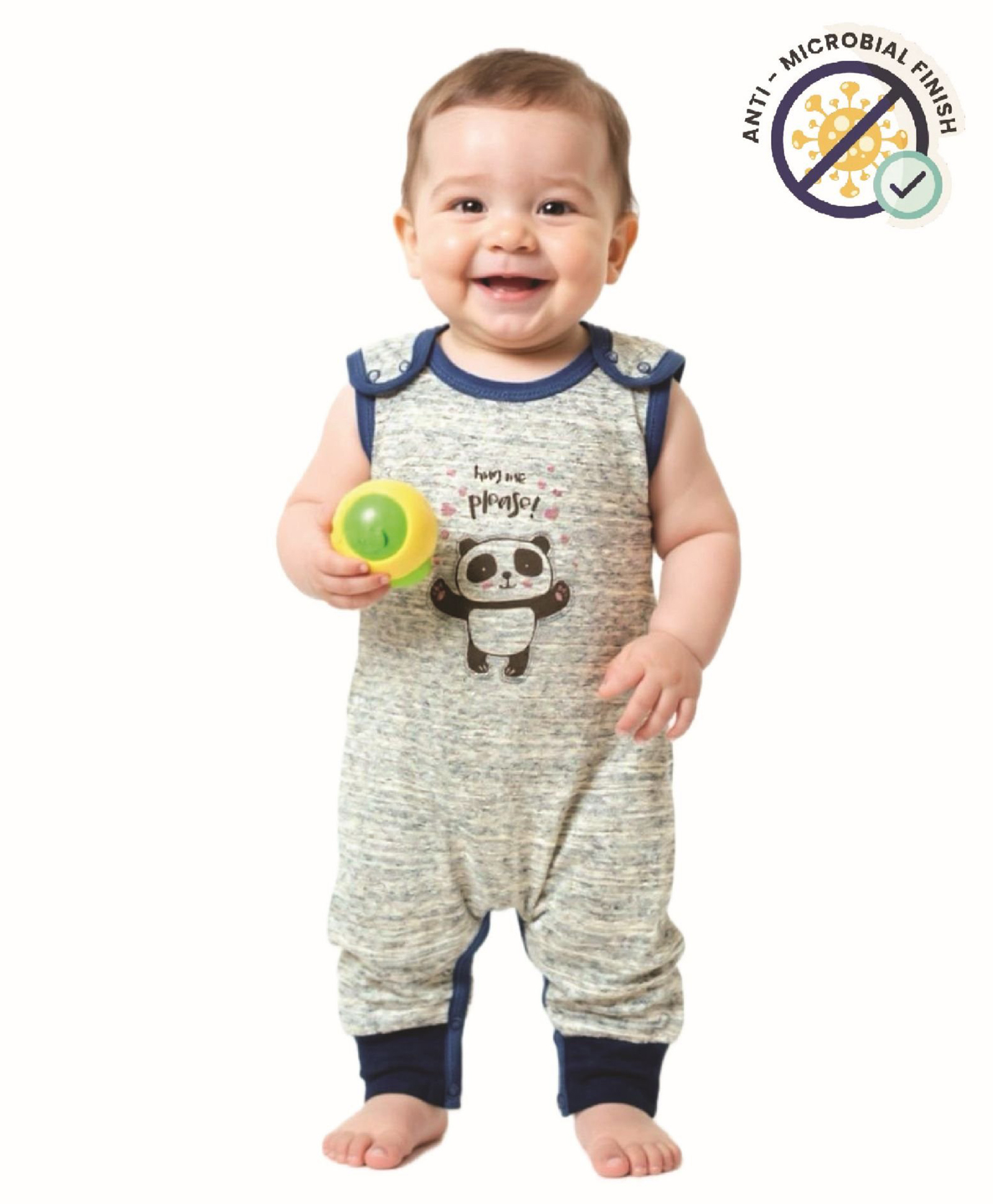 COCOON ORGANICS 100% Cotton Knit Sleeveless Panda Printed Romper - Grey Melange & Blue-image-41