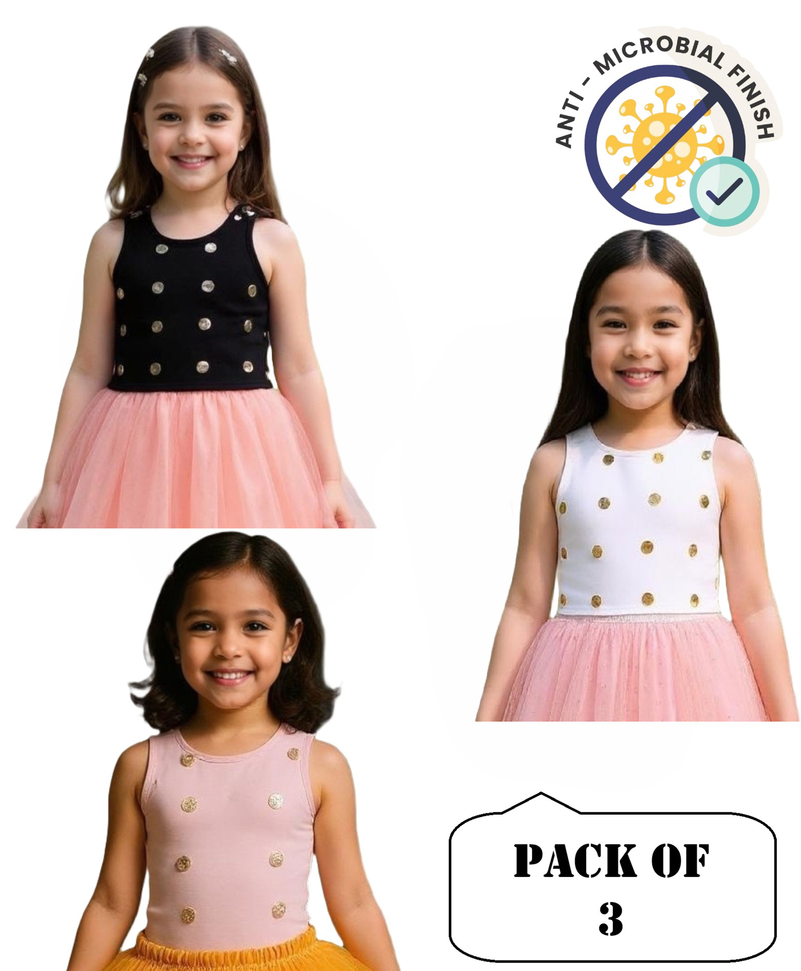 COCOON ORGANICS 100% Cotton Knit Pack Of 3 Sleeveless Polka Dots Foil Printed Anti Microbial Tops - White Pink & Black-picture-26