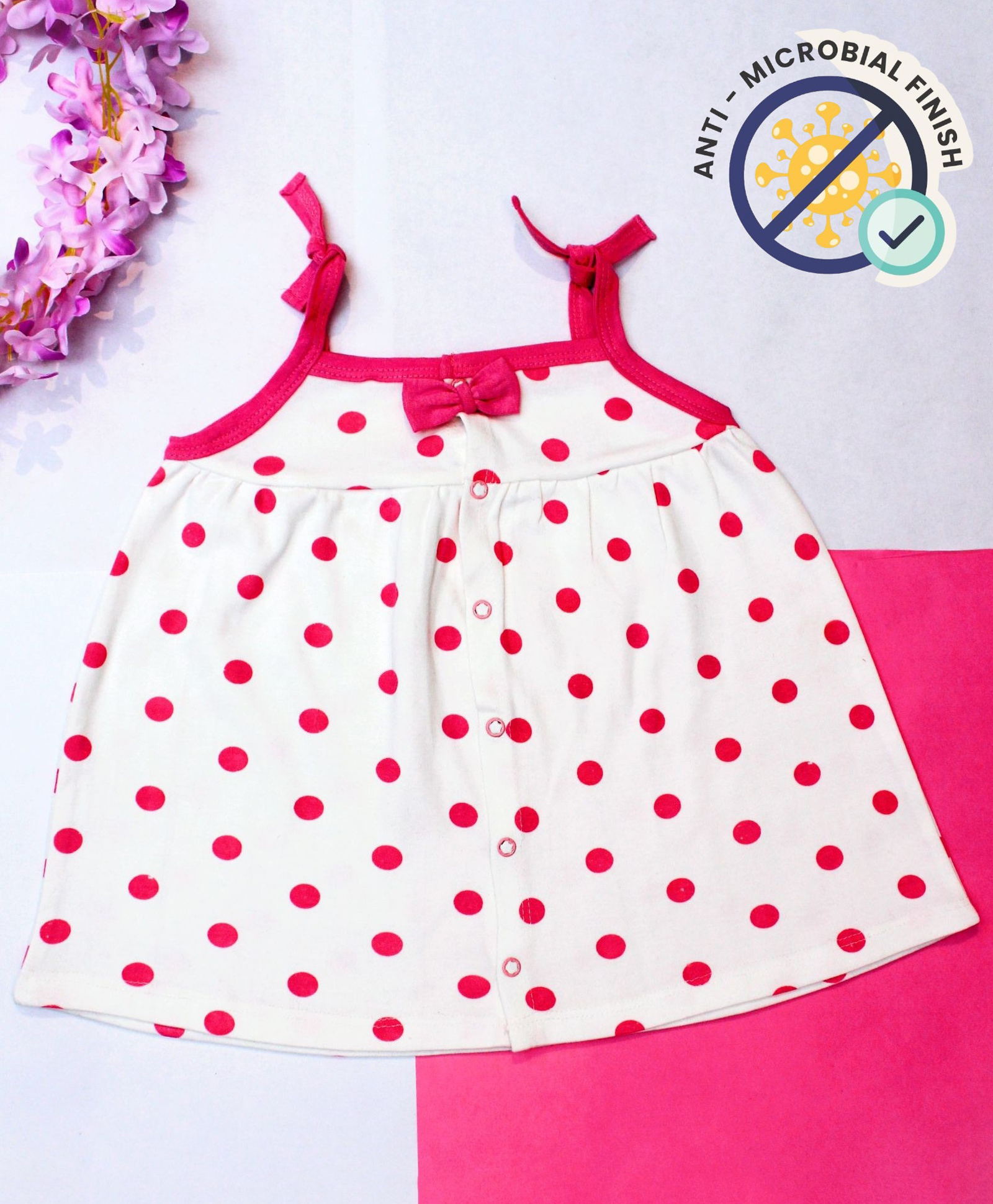 COCOON ORGANICS 100% Cotton Knit Polka Dots Printed Bow applique Detailed Anti Microbial Jhabla - White & Pink-image-20