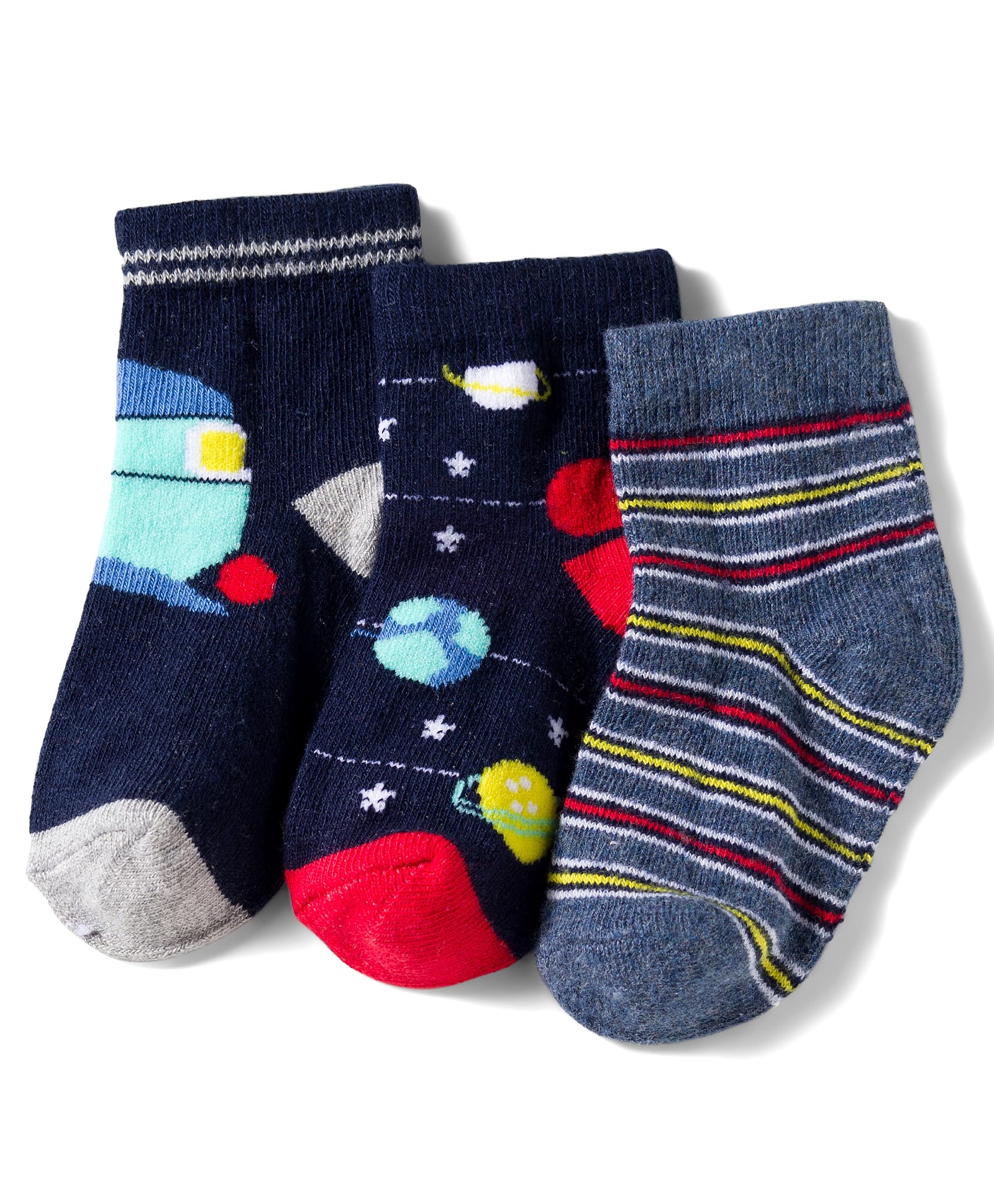 Cute Walk by Babyhug Knit Anti Bacterial Ankle Length Socks With Stripes & Space Theme Design Pack of 3 - Multicolor
