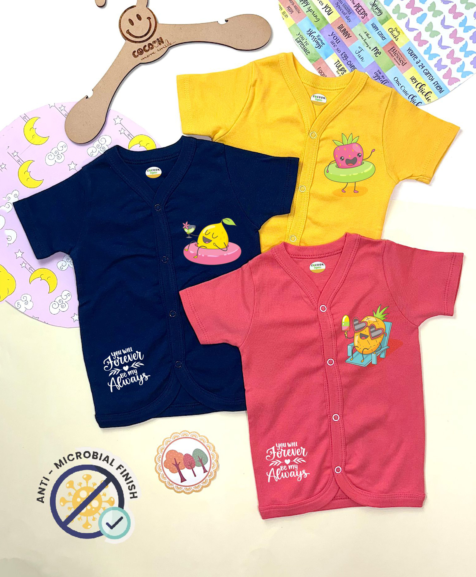 COCOON ORGANICS 100% Cotton Knit Pack Of 3 Half Sleeves Vegetables Chilling On The Beach Printed Anti Microbial Jhablas - Navy Blue Yellow & Pink-picture-31