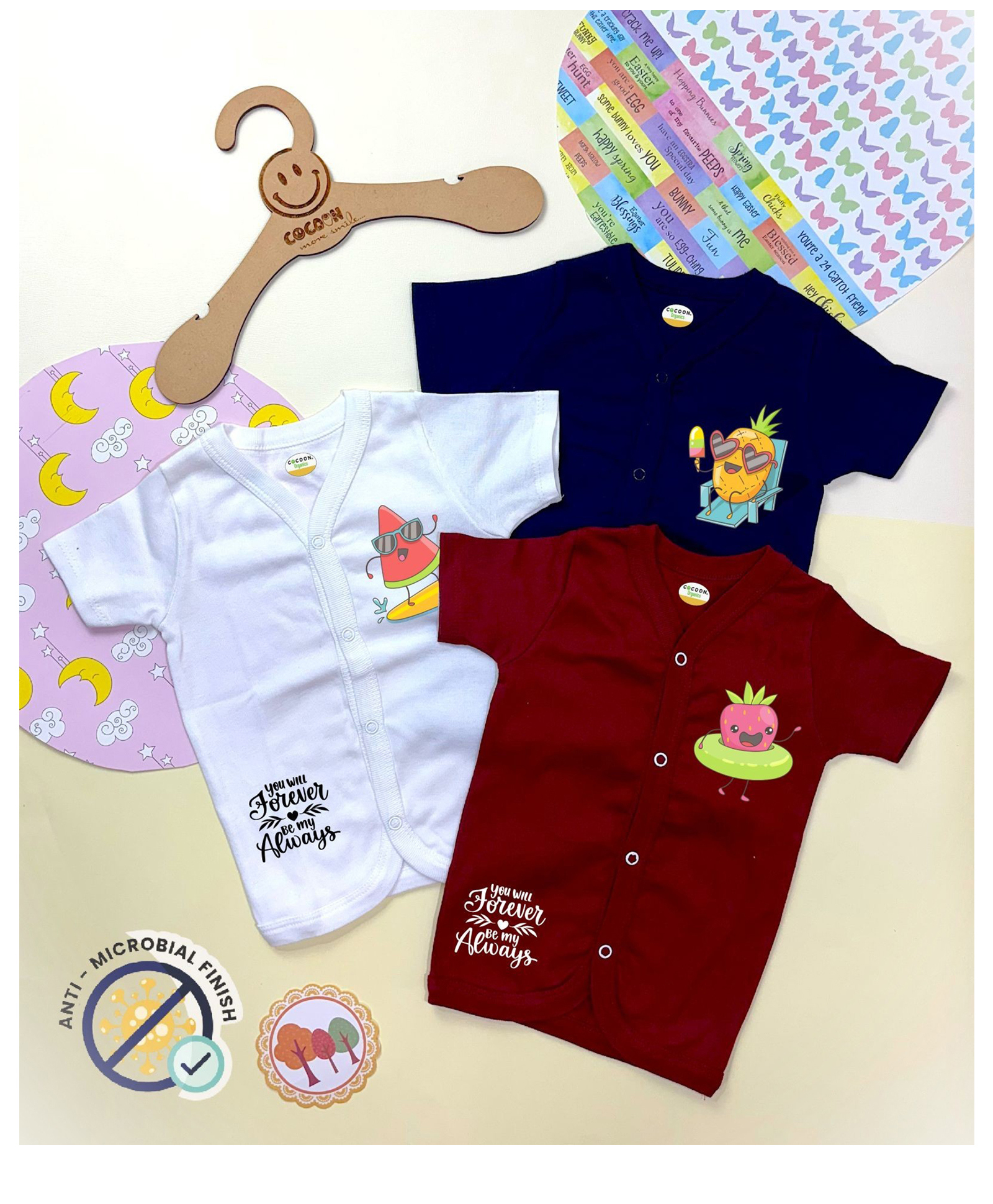 COCOON ORGANICS 100% Cotton Knit Pack Of 3 Half Sleeves Fruits Printed Anti Microbial Jhablas - Navy Blue Dark Red & White-picture-23