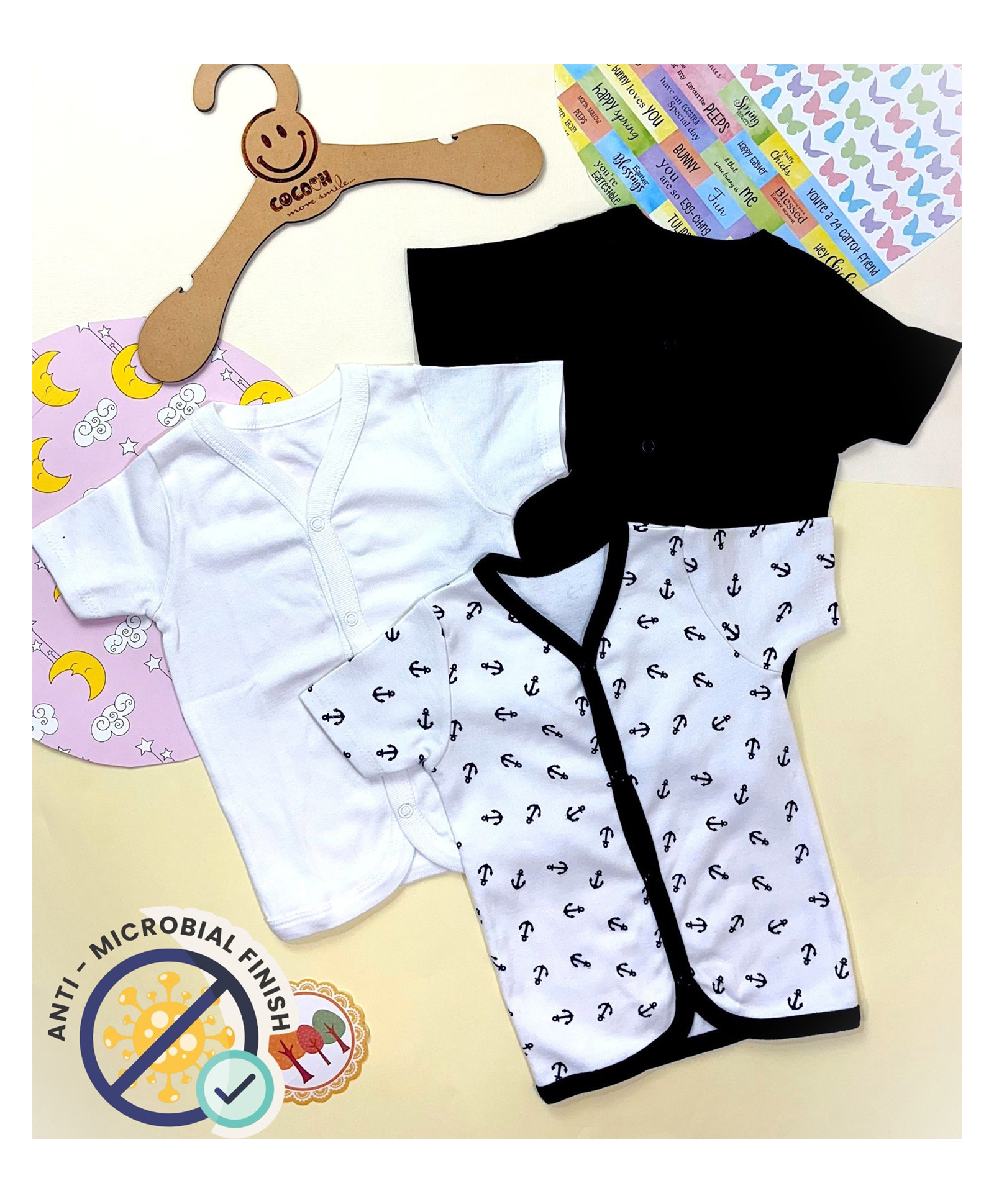 COCOON ORGANICS 100% Cotton Knit Pack Of 3 Half Sleeves Solid & Anchor Printed Anti Microbial Jhablas - Navy Blue & White-picture-14