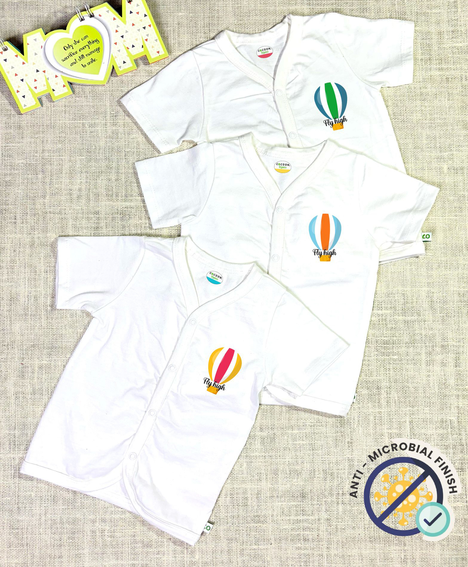 COCOON ORGANICS 100% Cotton Knit Pack Of 3 Half Sleeves Hot Air Balloon Printed Anti Microbial Jhablas - White-image-12
