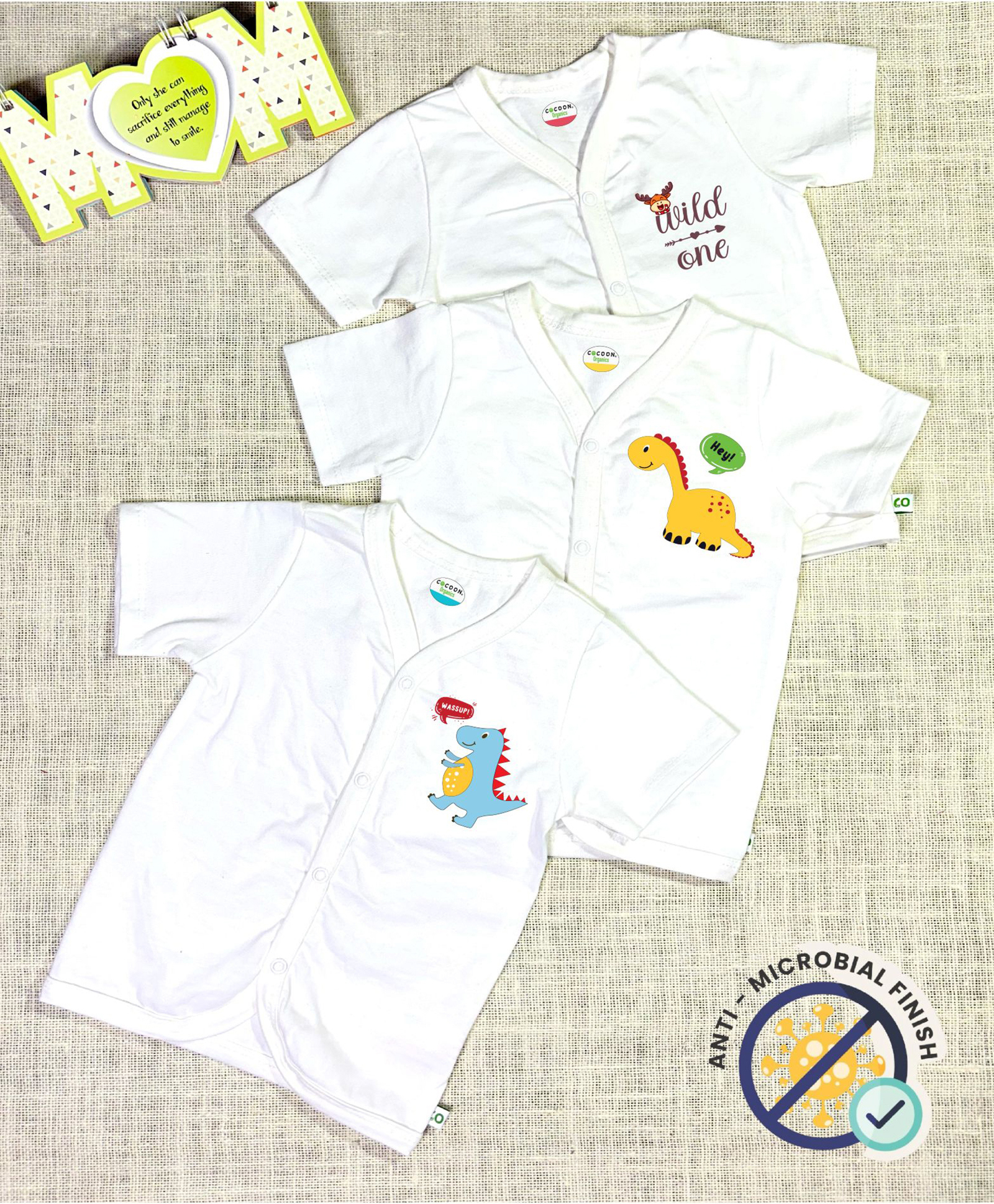 COCOON ORGANICS 100% Cotton Knit Pack Of 3 Half Sleeves Baby Dinosaurs & Wild One Text Printed Jhablas - White-picture-27