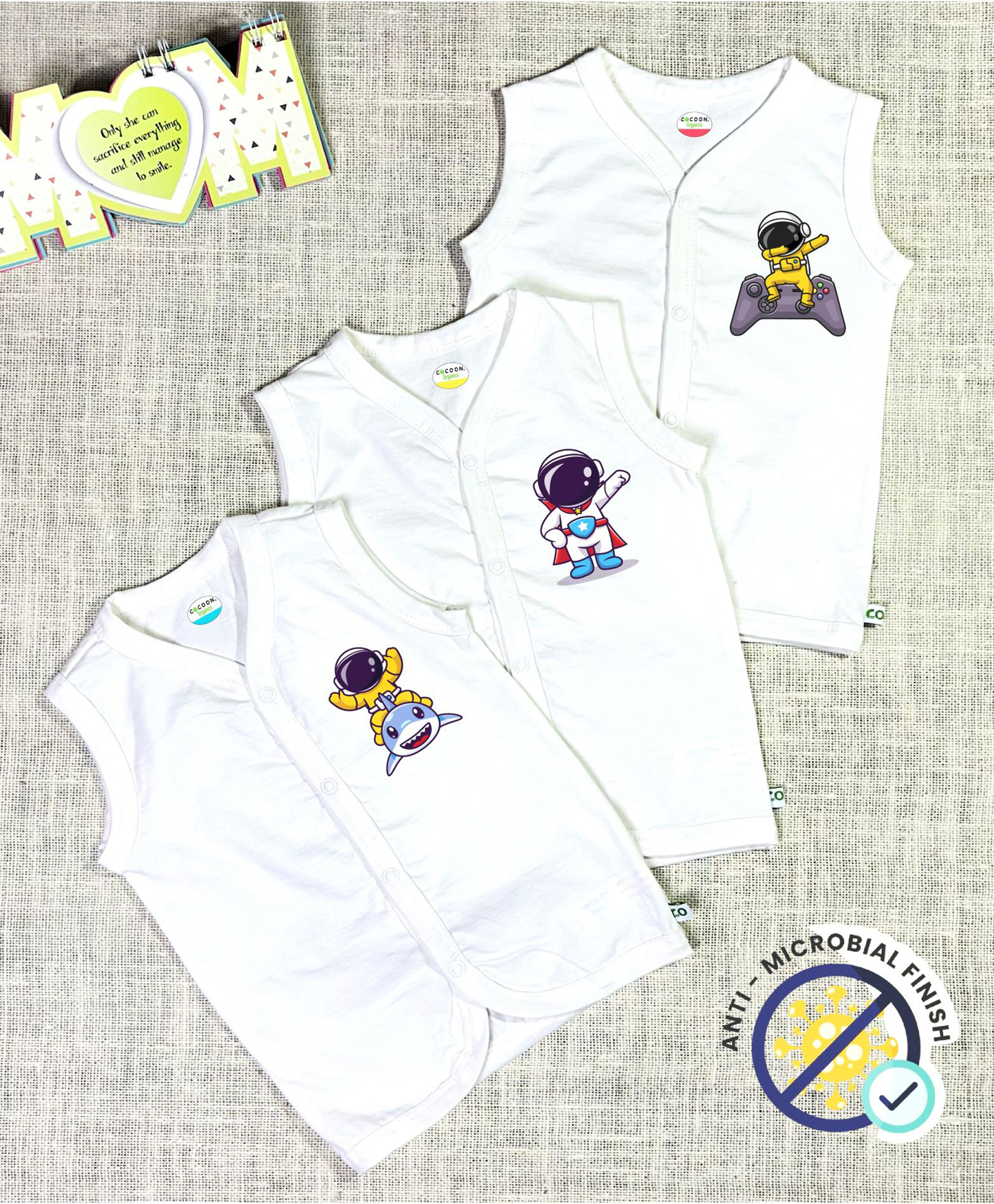 COCOON ORGANICS 100% Cotton Knit Pack Of 3 Sleeveless Space Theme & Shark Printed Anti Microbial Jhablas - White-picture-13
