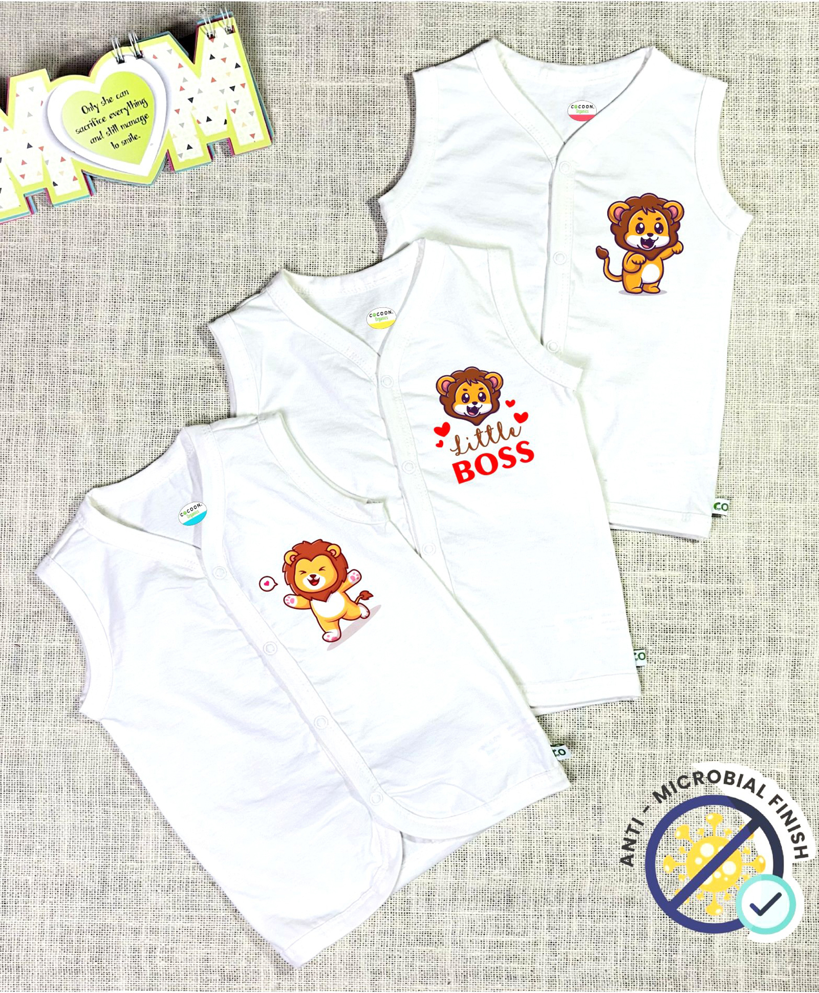 COCOON ORGANICS 100% Cotton Knit Pack Of 3 Sleeveless Baby Lions Printed Anti Microbial Jhablas - White-picture-32