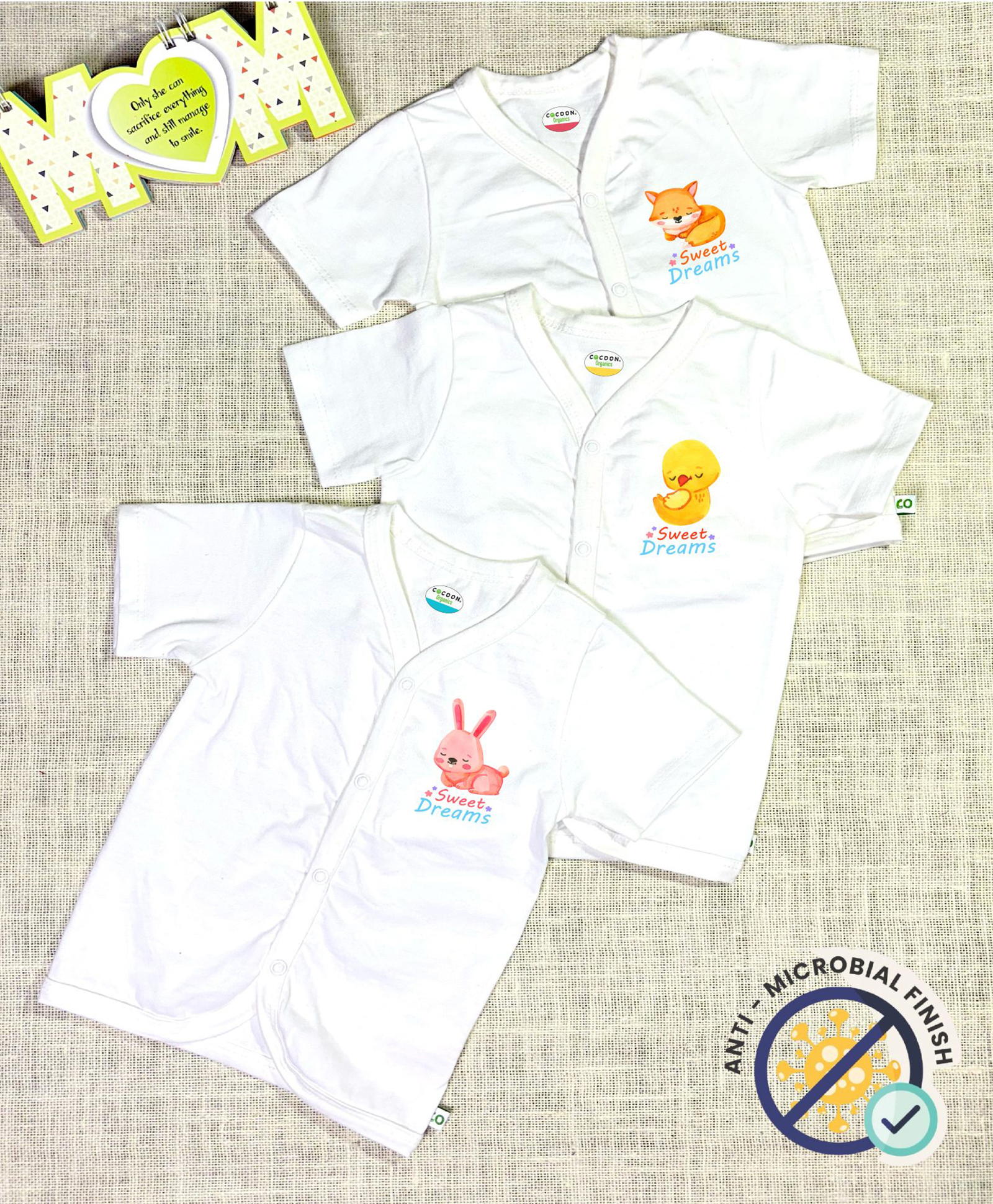 COCOON ORGANICS 100% Cotton Knit Pack Of 3 Half Sleeves Baby Animals Printed Anti Microbial Jhablas - White-picture-34