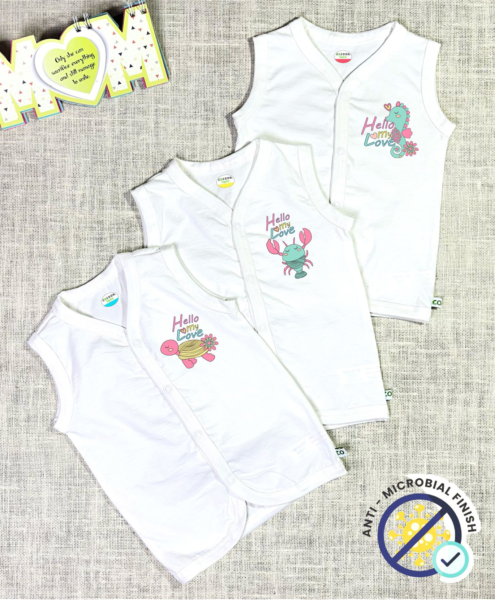 COCOON ORGANICS 100% Cotton Knit Pack Of 3 Sleeveless Baby Sea Animals Printed Anti Microbial Jhablas - White-picture-21