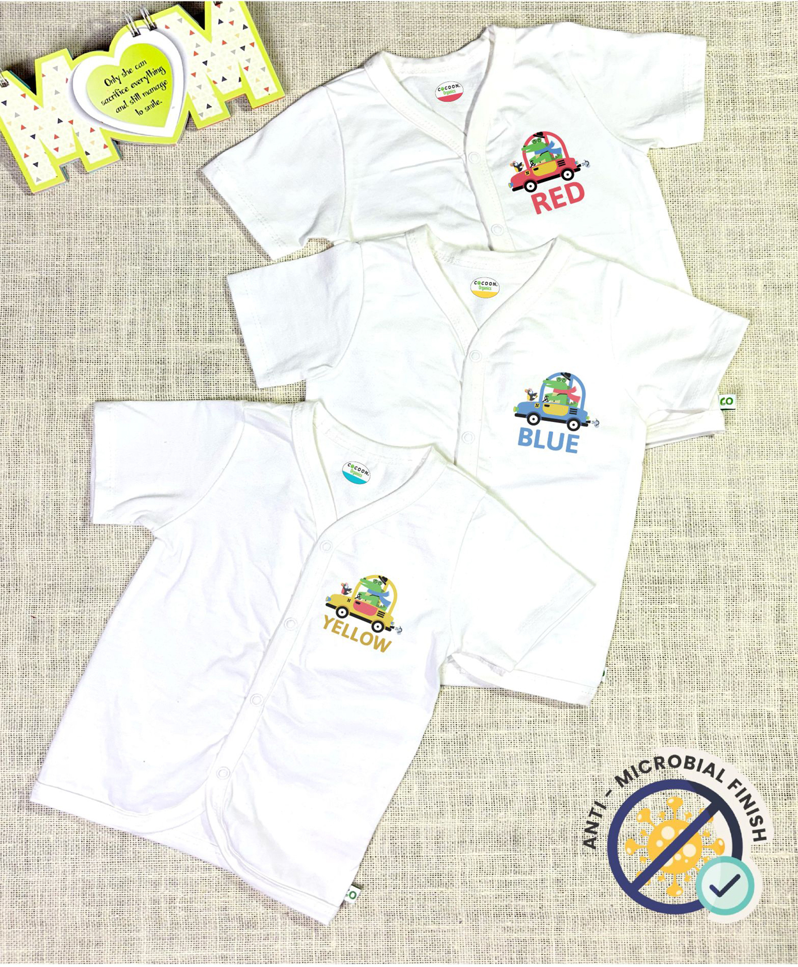COCOON ORGANICS 100% Cotton Knit Pack Of 3 Half Sleeves Crocodile & Car Printed Anti Microbial Jhablas - White-picture-20