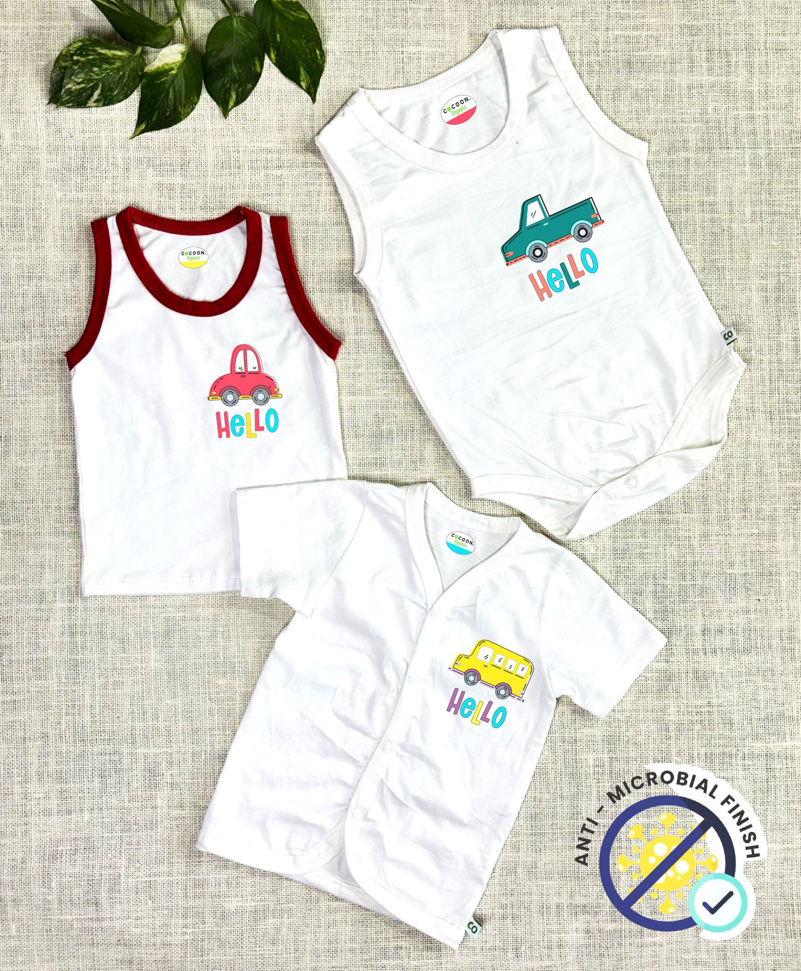 COCOON ORGANICS 100% Cotton Knit Pack Of 3 Half Sleeves Vehicles Printed Anti Microbial Jhabla Onesie & Vest Set - White-image-21